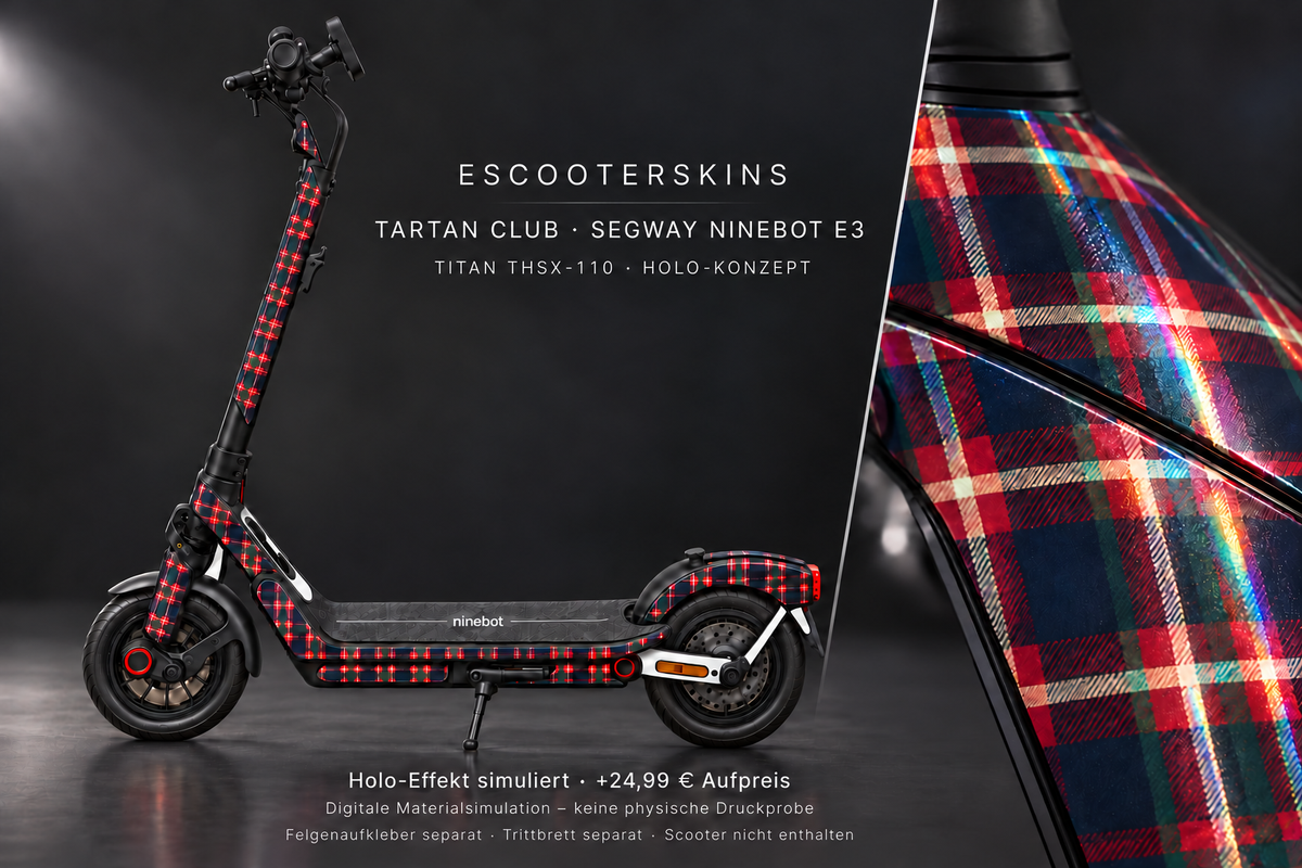 SEGWAY NINEBOT E3 / E3 PRO SKIN | TARTAN CLUB – Holo-Effekt simuliert; +24,99 EUR Aufpreis. Digitale Materialsimulation, keine physische Druckprobe. Nur Body-Skin; Trittbrett und Felgenaufkleber separat; Scooter nicht enthalten.