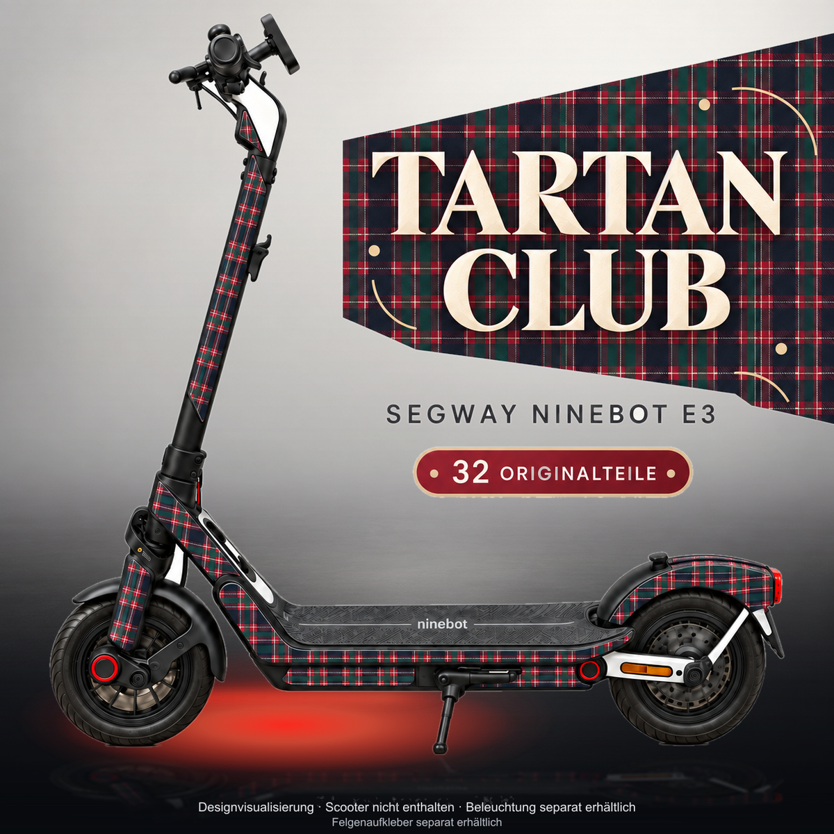 SEGWAY NINEBOT E3 / E3 PRO SKIN | TARTAN CLUB – Studiofoto mit Licht in der Skinfarbe; Scooter und Beleuchtung separat erhältlich