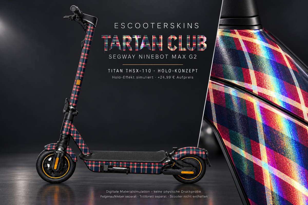 SEGWAY NINEBOT G2 MAX SKIN | TARTAN CLUB – Holo-Effekt simuliert; +24,99 EUR Aufpreis. Digitale Materialsimulation, keine physische Druckprobe. Nur Body-Skin; Trittbrett und Felgenaufkleber separat; Scooter nicht enthalten.