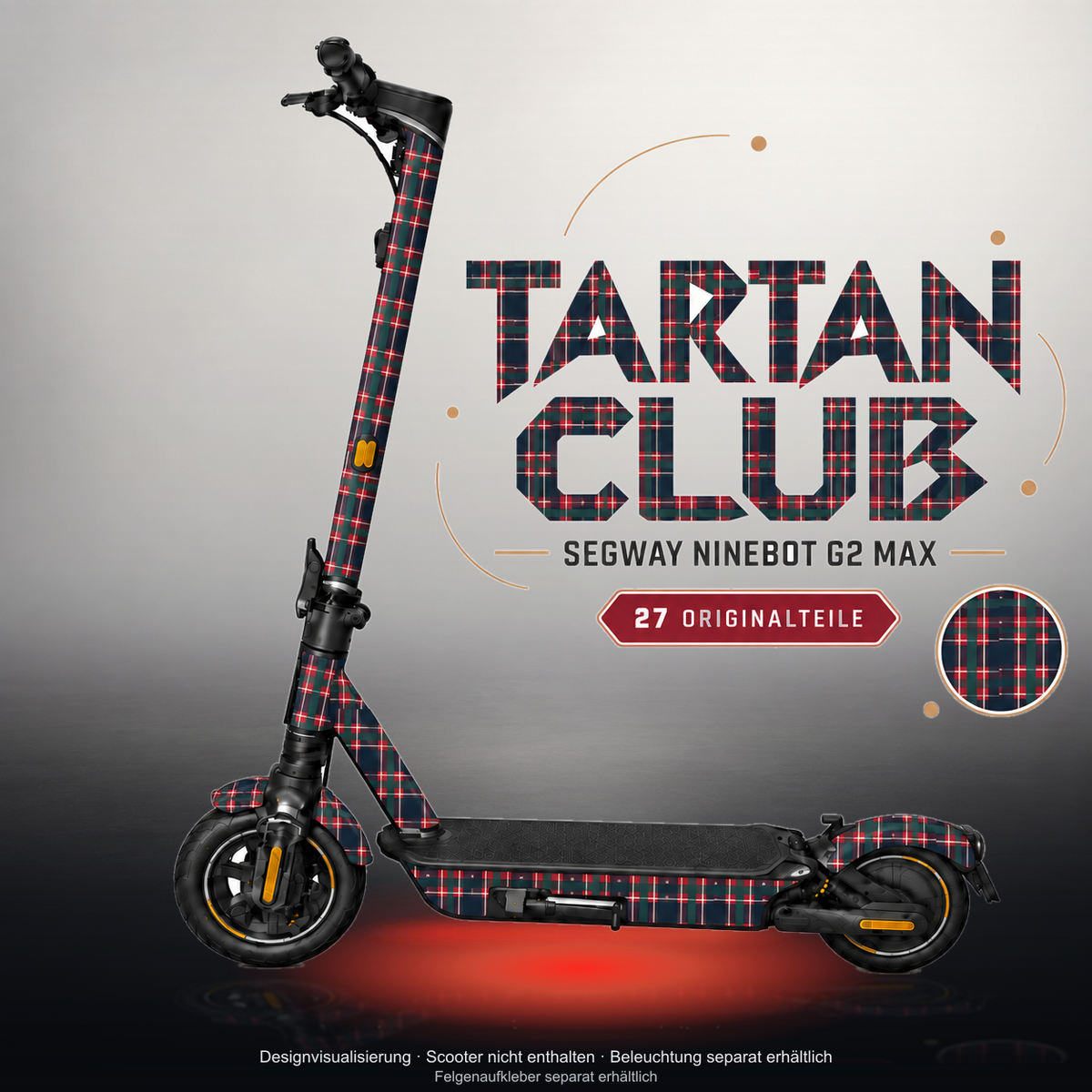 SEGWAY NINEBOT G2 MAX SKIN | TARTAN CLUB – Studiofoto mit Licht in der Skinfarbe; Scooter und Beleuchtung separat erhältlich
