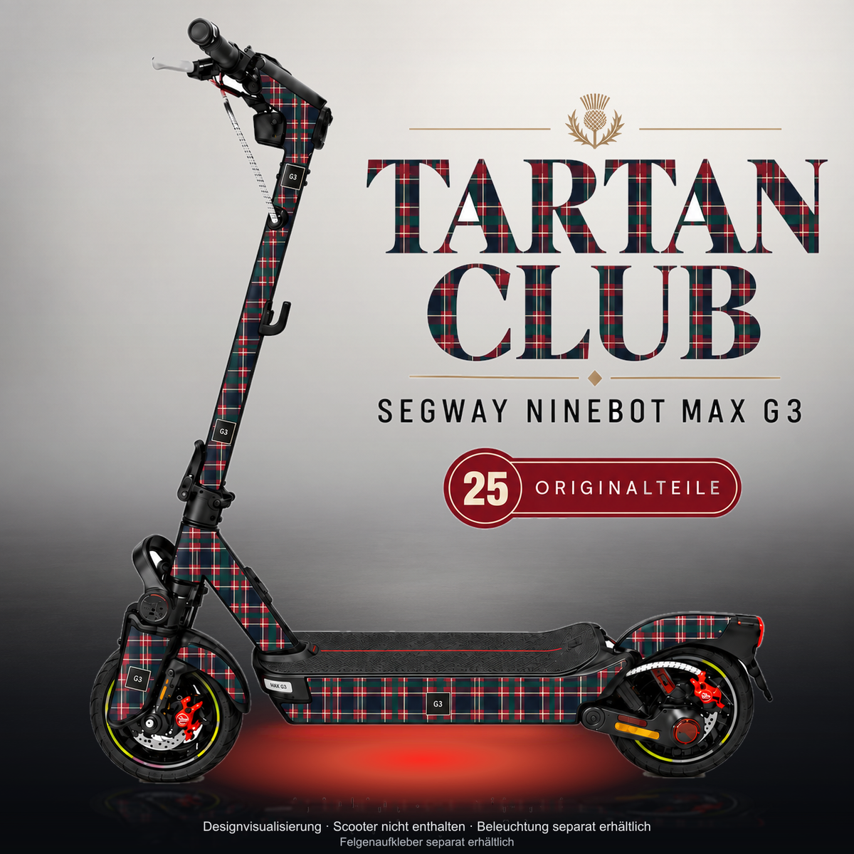 SEGWAY NINEBOT G3 / G3 D / G3 E SKIN | TARTAN CLUB – Studiofoto mit Licht in der Skinfarbe; Scooter und Beleuchtung separat erhältlich