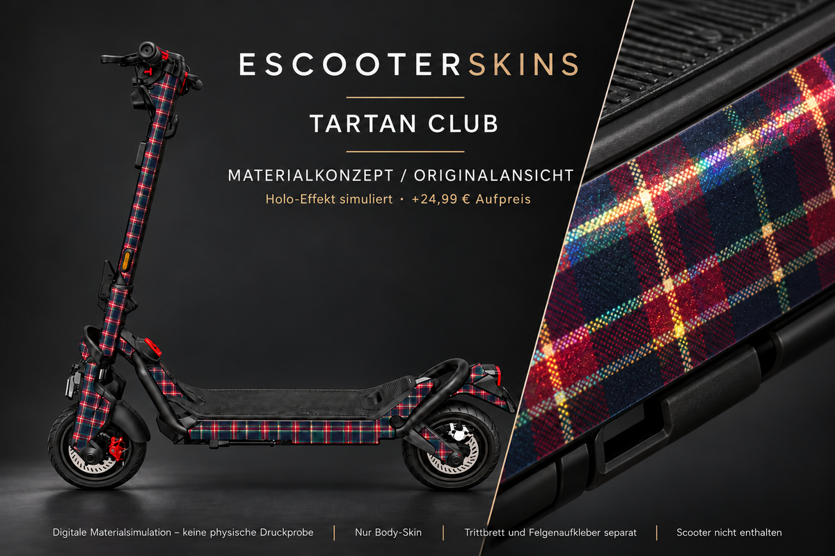 TARTAN CLUB – Holo-Effekt simuliert; +24,99 EUR Aufpreis. Digitale Materialsimulation, keine physische Druckprobe. Nur Body-Skin; Trittbrett und Felgenaufkleber separat; Scooter nicht enthalten.