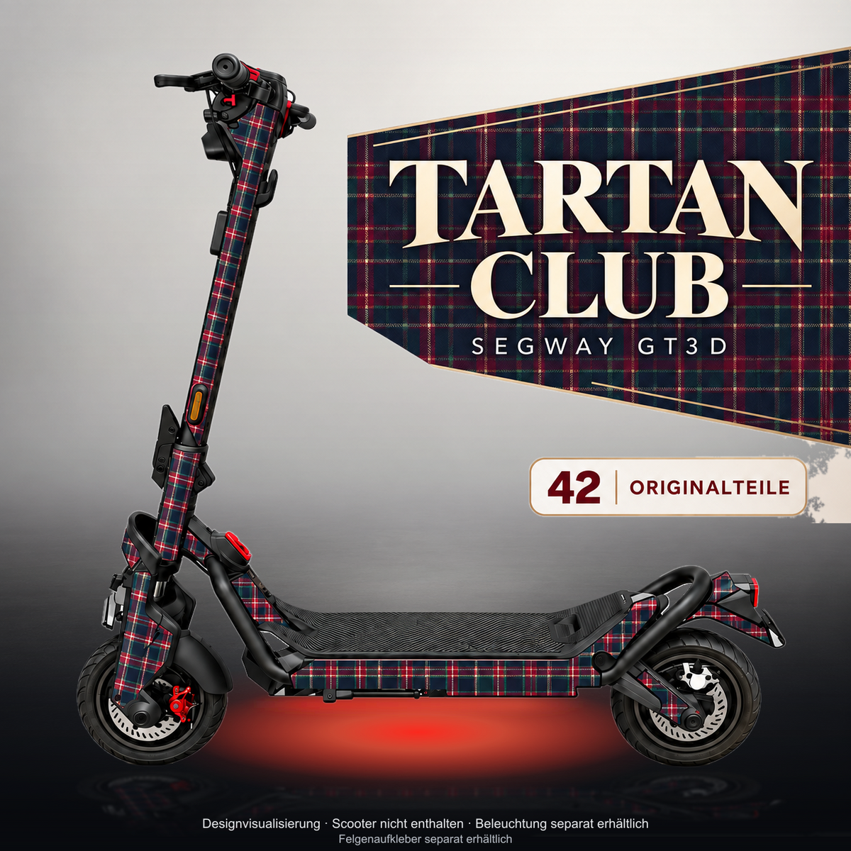 SEGWAY NINEBOT GT3 SKIN | TARTAN CLUB – Studiofoto mit Licht in der Skinfarbe; Scooter und Beleuchtung separat erhältlich