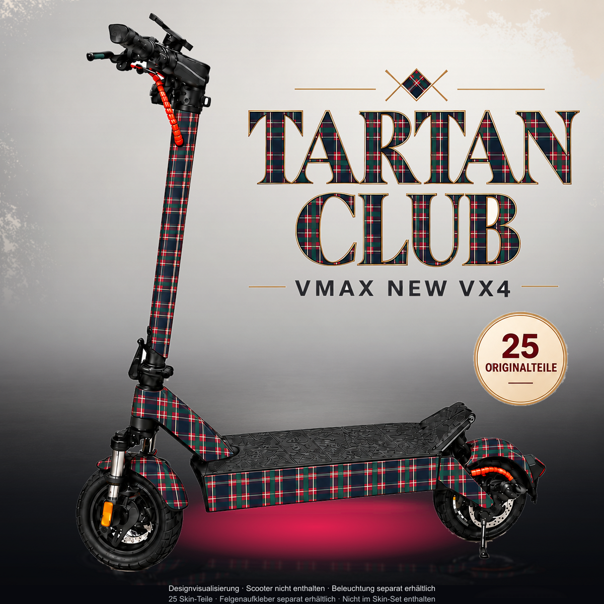 VMAX NEW VX4 SKIN | TARTAN CLUB – Studiofoto mit Licht in der Skinfarbe; Scooter und Beleuchtung separat erhältlich