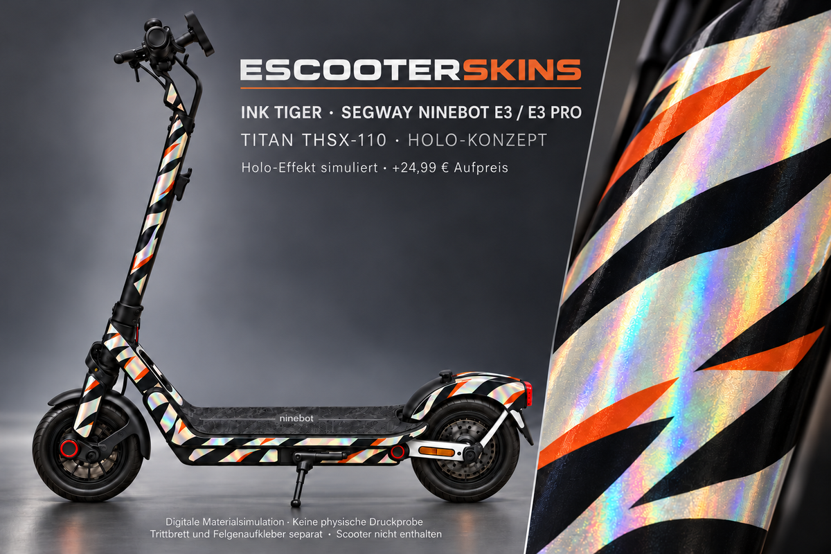 SEGWAY NINEBOT E3 / E3 PRO SKIN | INK TIGER – Holo-Effekt simuliert; +24,99 EUR Aufpreis. Digitale Materialsimulation, keine physische Druckprobe. Nur Body-Skin; Trittbrett und Felgenaufkleber separat; Scooter nicht enthalten.