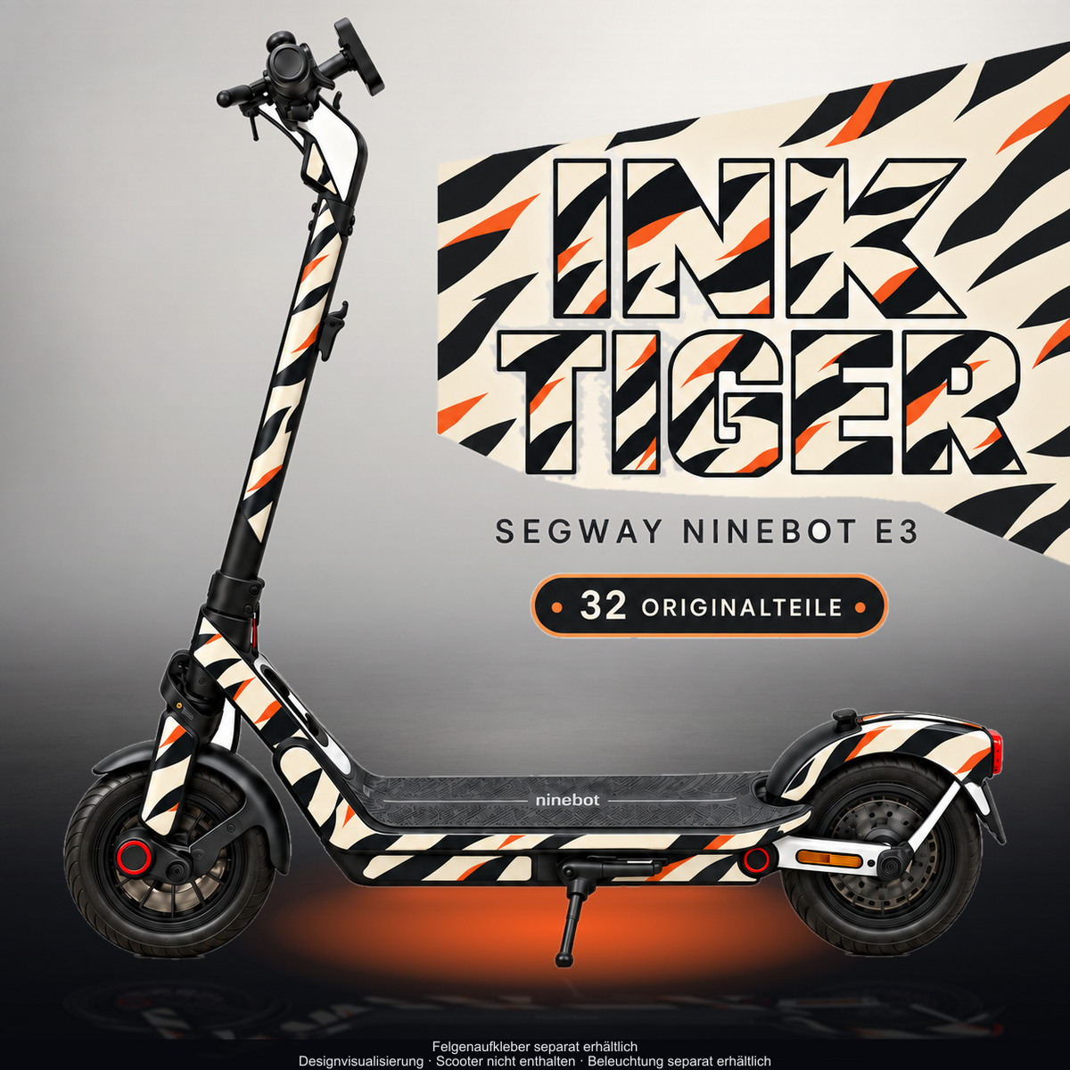 SEGWAY NINEBOT E3 / E3 PRO SKIN | INK TIGER – Designvisualisierung im Studio-Look mit Licht in der Skinfarbe; Scooter nicht enthalten, Beleuchtung separat erhältlich