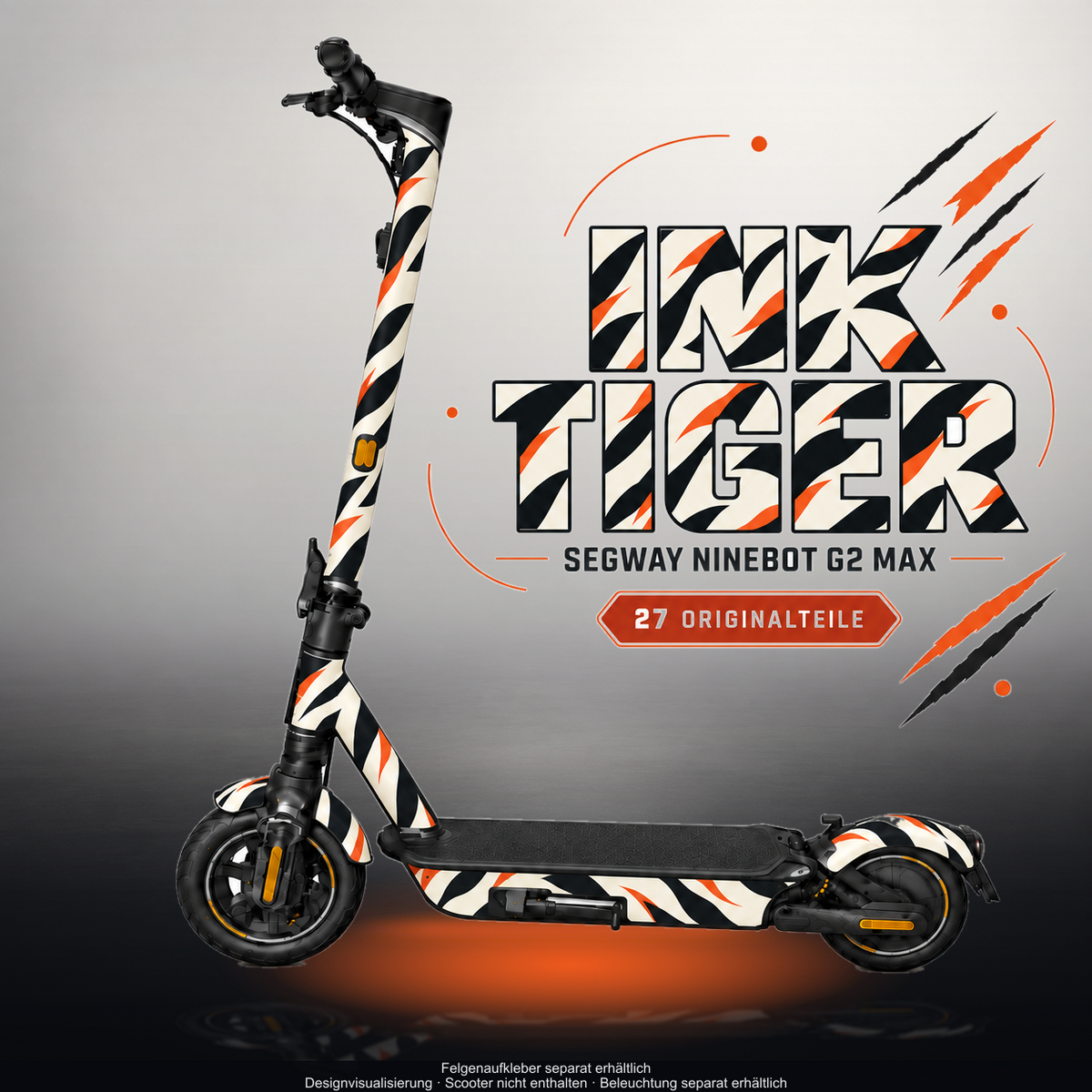 SEGWAY NINEBOT G2 MAX SKIN | INK TIGER – Designvisualisierung im Studio-Look mit Licht in der Skinfarbe; Scooter nicht enthalten, Beleuchtung separat erhältlich