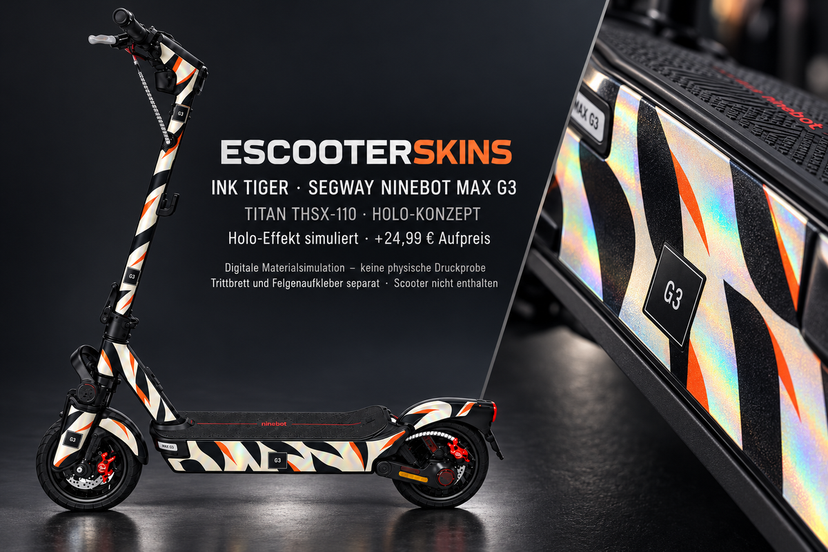 SEGWAY NINEBOT G3 / G3 D / G3 E SKIN | INK TIGER – Holo-Effekt simuliert; +24,99 EUR Aufpreis. Digitale Materialsimulation, keine physische Druckprobe. Nur Body-Skin; Trittbrett und Felgenaufkleber separat; Scooter nicht enthalten.