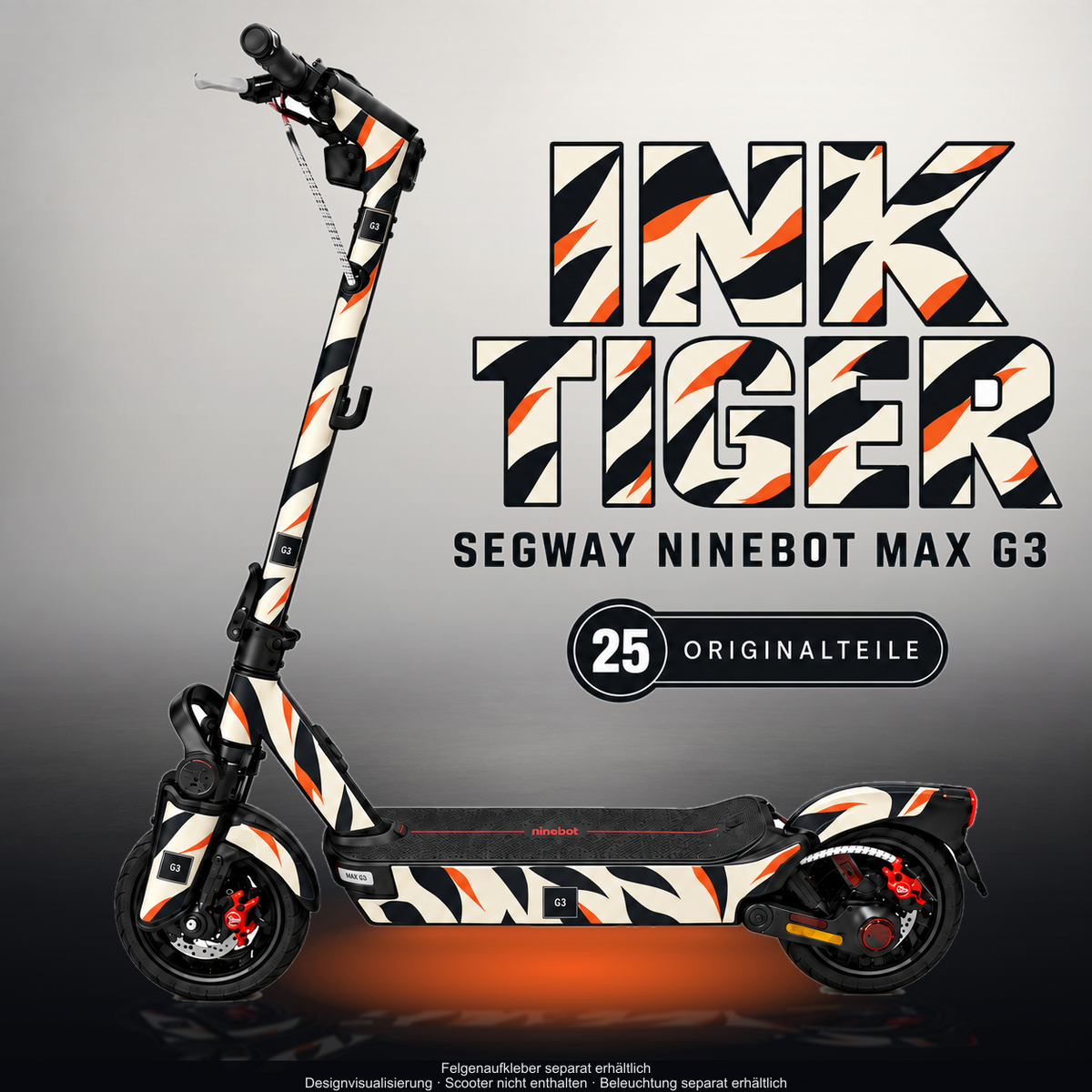 SEGWAY NINEBOT G3 / G3 D / G3 E SKIN | INK TIGER – Designvisualisierung im Studio-Look mit Licht in der Skinfarbe; Scooter nicht enthalten, Beleuchtung separat erhältlich