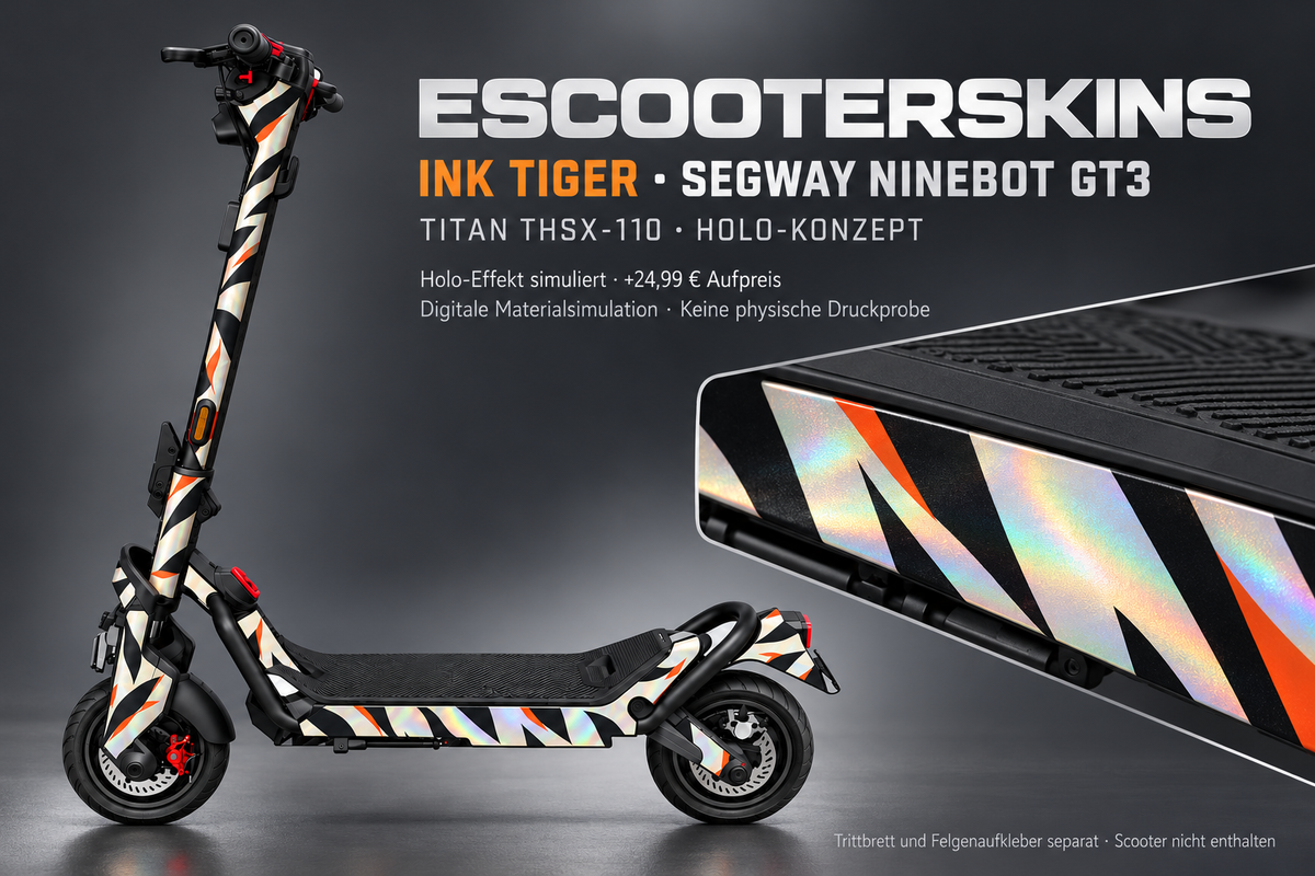 SEGWAY NINEBOT GT3 SKIN | INK TIGER – Holo-Effekt simuliert; +24,99 EUR Aufpreis. Digitale Materialsimulation, keine physische Druckprobe. Nur Body-Skin; Trittbrett und Felgenaufkleber separat; Scooter nicht enthalten.