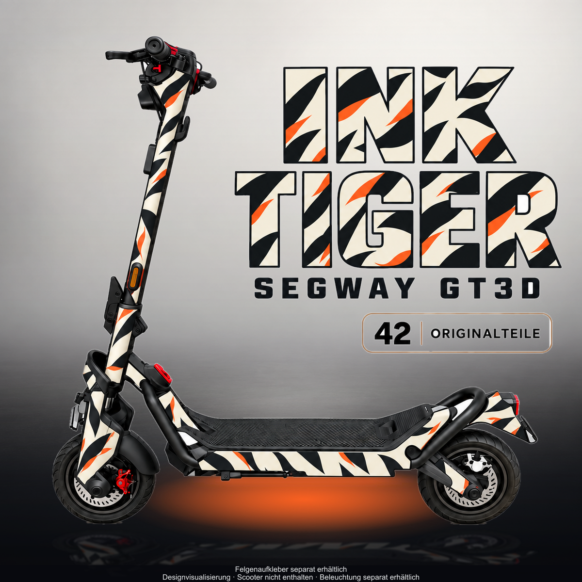 SEGWAY NINEBOT GT3 SKIN | INK TIGER – Designvisualisierung im Studio-Look mit Licht in der Skinfarbe; Scooter nicht enthalten, Beleuchtung separat erhältlich