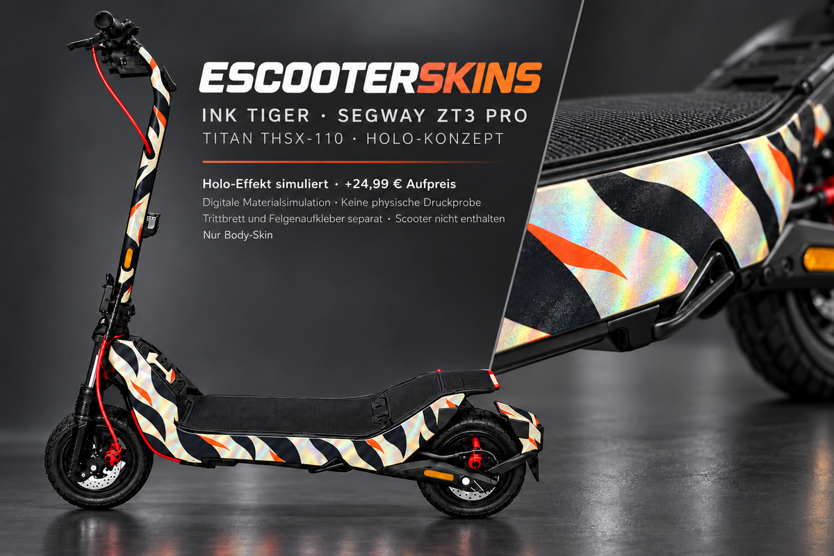 INK TIGER – Holo-Effekt simuliert; +24,99 EUR Aufpreis. Digitale Materialsimulation, keine physische Druckprobe. Nur Body-Skin; Trittbrett und Felgenaufkleber separat; Scooter nicht enthalten.