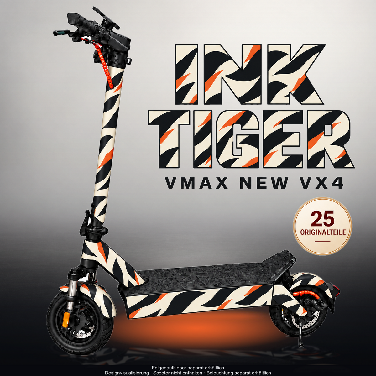 VMAX NEW VX4 SKIN | INK TIGER – Designvisualisierung im Studio-Look mit Licht in der Skinfarbe; Scooter nicht enthalten, Beleuchtung separat erhältlich