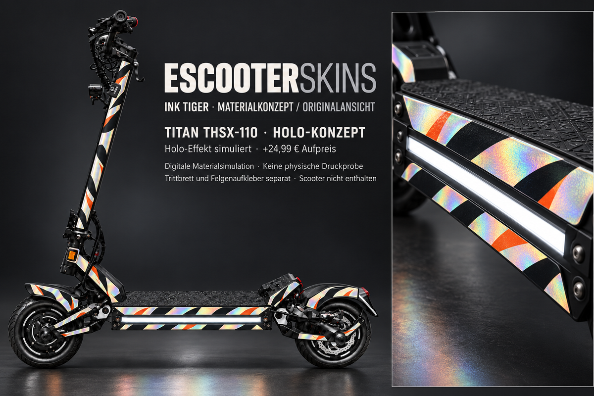 INK TIGER · Holo-Effekt simuliert · +24,99 € Aufpreis · digitale Materialsimulation, keine physische Druckprobe; Trittbrett und Felgenaufkleber separat; Scooter nicht enthalten.