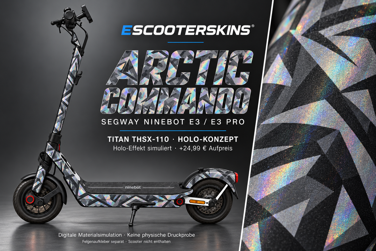 SEGWAY NINEBOT E3 / E3 PRO SKIN | ARCTIC COMMANDO – Holo-Effekt simuliert; +24,99 EUR Aufpreis. Digitale Materialsimulation, keine physische Druckprobe. Nur Body-Skin; Trittbrett und Felgenaufkleber separat; Scooter nicht enthalten.