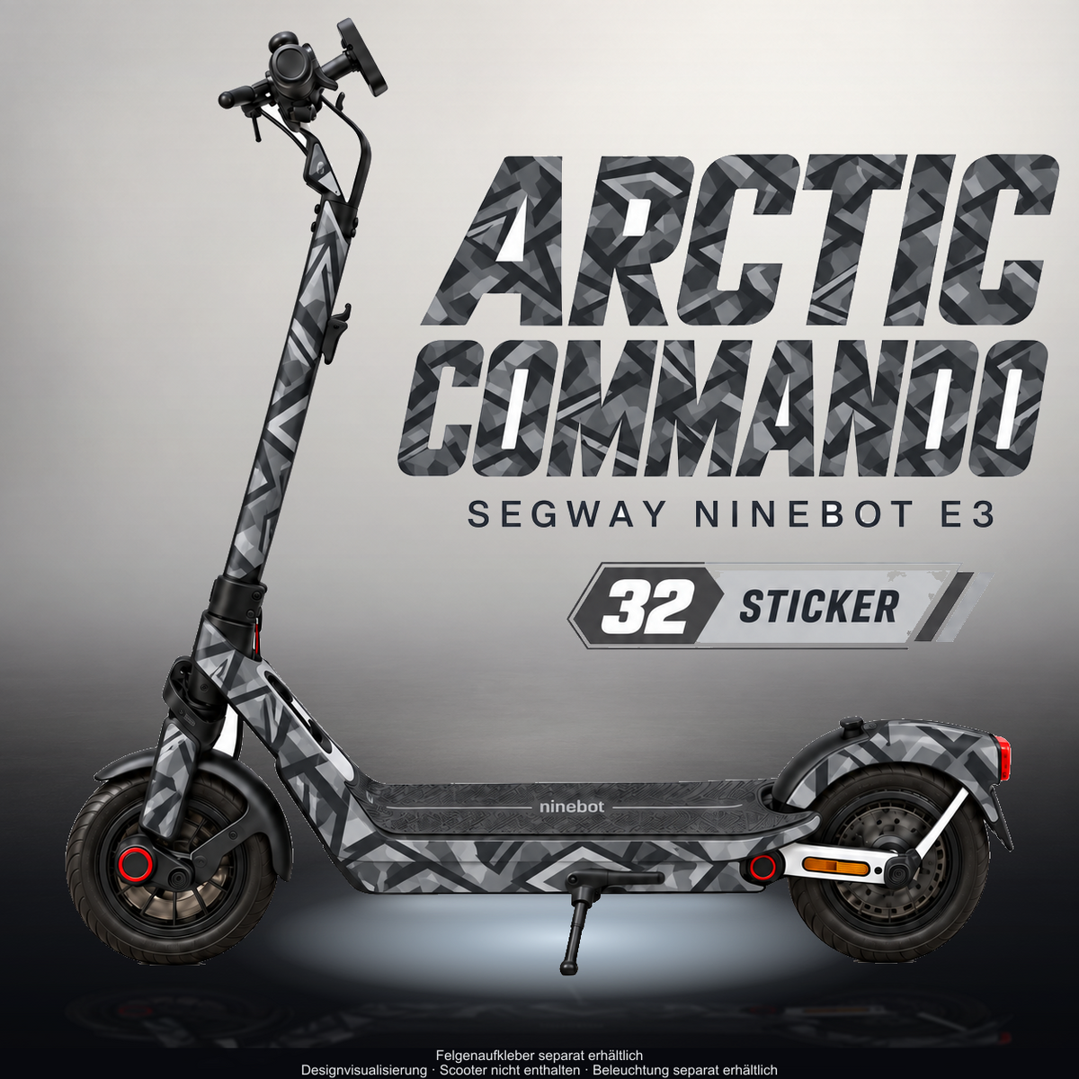 SEGWAY NINEBOT E3 / E3 PRO SKIN | ARCTIC COMMANDO – Designvisualisierung im Studio-Look mit Licht in der Skinfarbe; Scooter nicht enthalten, Beleuchtung separat erhältlich