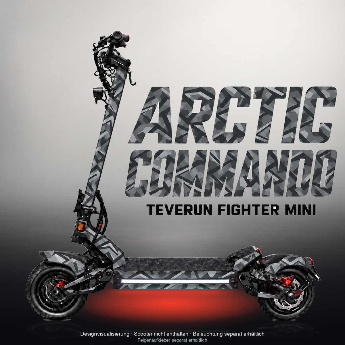 TEVERUN FIGHTER MINI / PRO SKIN | ARCTIC COMMANDO – Designvisualisierung im Studio-Look mit Licht in der Skinfarbe; Scooter nicht enthalten, Beleuchtung separat erhältlich