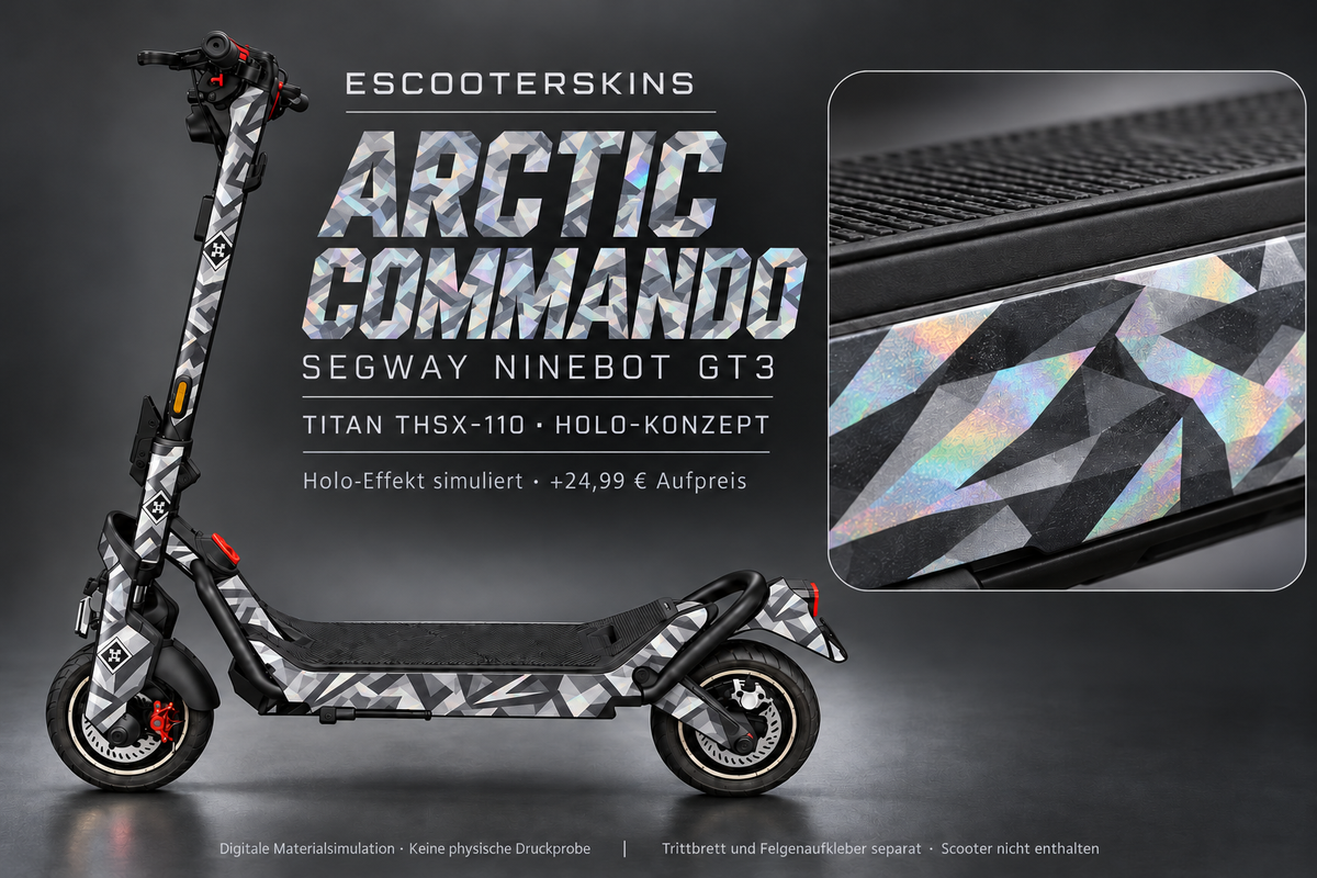 SEGWAY NINEBOT GT3 SKIN | ARCTIC COMMANDO – Holo-Effekt simuliert; +24,99 EUR Aufpreis. Digitale Materialsimulation, keine physische Druckprobe. Nur Body-Skin; Trittbrett und Felgenaufkleber separat; Scooter nicht enthalten.