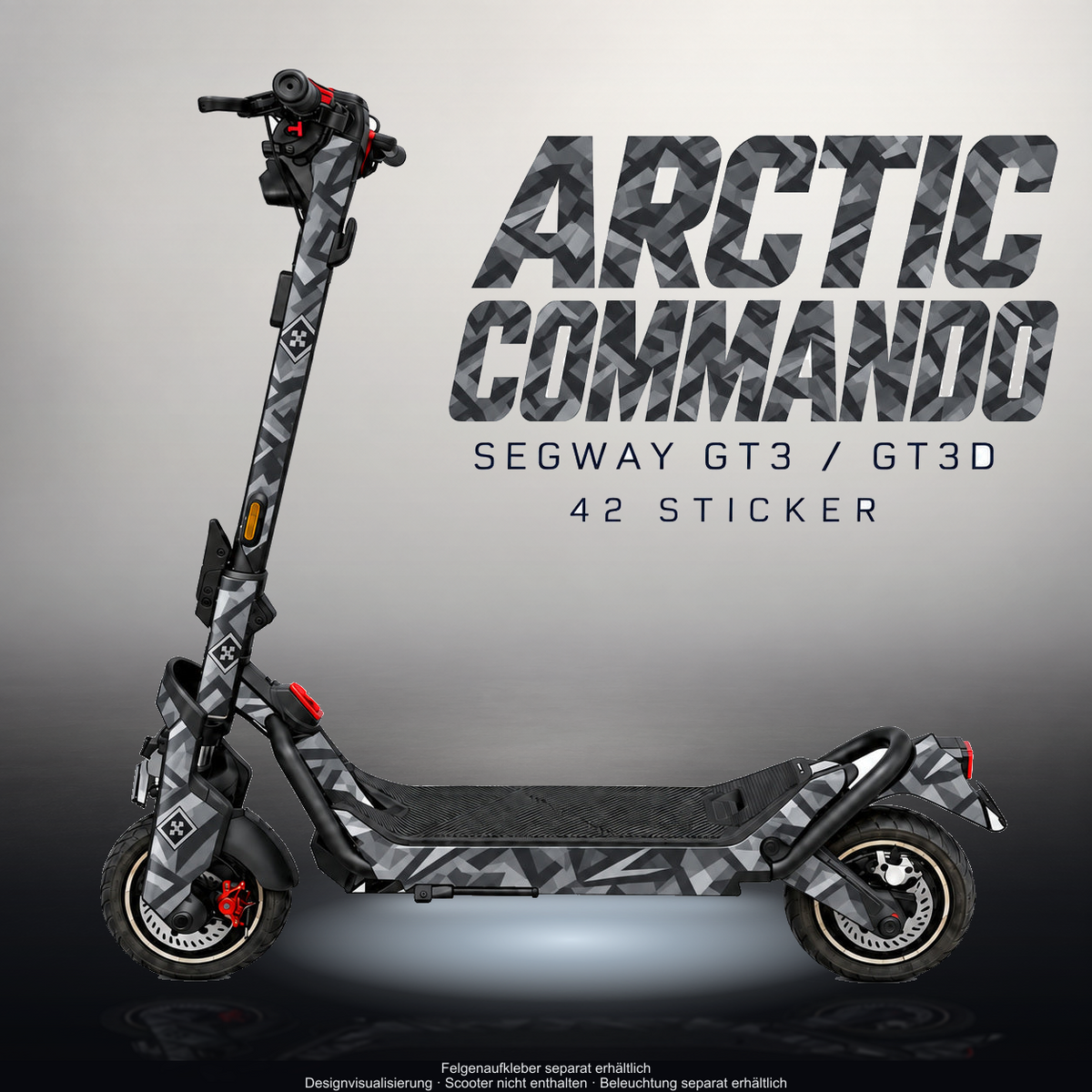 SEGWAY NINEBOT GT3 SKIN | ARCTIC COMMANDO – Designvisualisierung im Studio-Look mit Licht in der Skinfarbe; Scooter nicht enthalten, Beleuchtung separat erhältlich