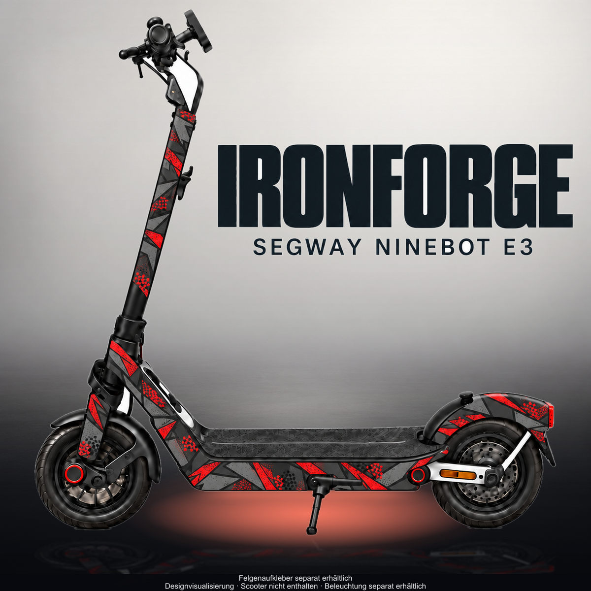 SEGWAY NINEBOT E3 / E3 PRO SKIN | IRONFORGE – Designvisualisierung im Studio-Look mit Licht in der Skinfarbe; Scooter nicht enthalten, Beleuchtung separat erhältlich