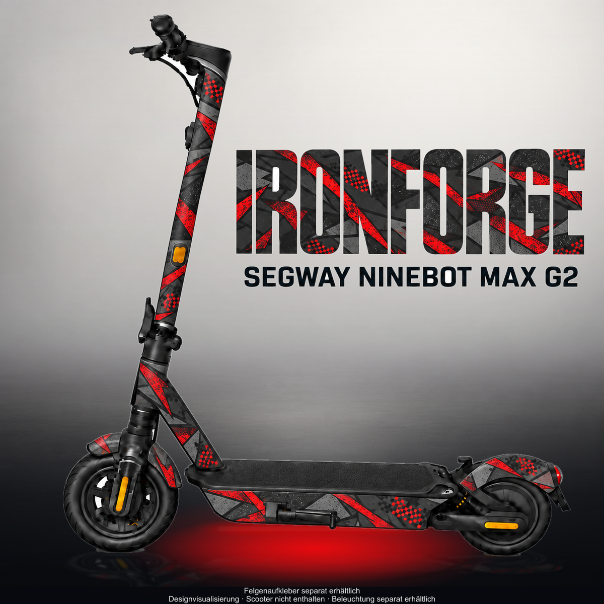 SEGWAY NINEBOT G2 MAX SKIN | IRONFORGE – Designvisualisierung im Studio-Look mit Licht in der Skinfarbe; Scooter nicht enthalten, Beleuchtung separat erhältlich