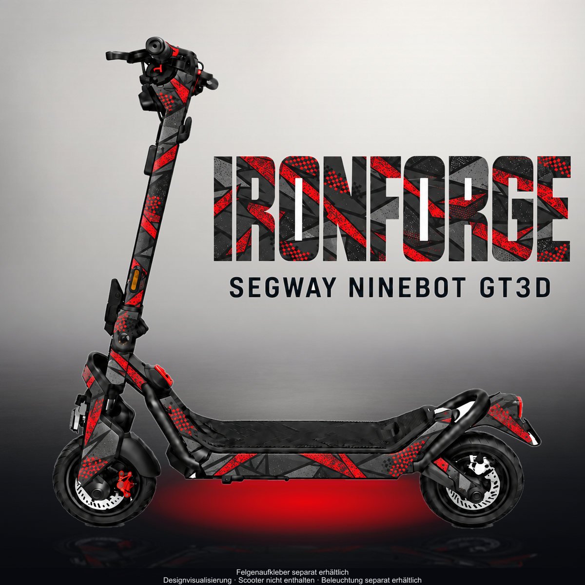 SEGWAY NINEBOT GT3 SKIN | IRONFORGE – Designvisualisierung im Studio-Look mit Licht in der Skinfarbe; Scooter nicht enthalten, Beleuchtung separat erhältlich