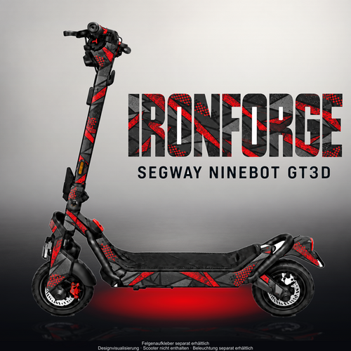 SEGWAY NINEBOT GT3 SKIN | IRONFORGE – Designvisualisierung im Studio-Look mit Licht in der Skinfarbe; Scooter nicht enthalten, Beleuchtung separat erhältlich