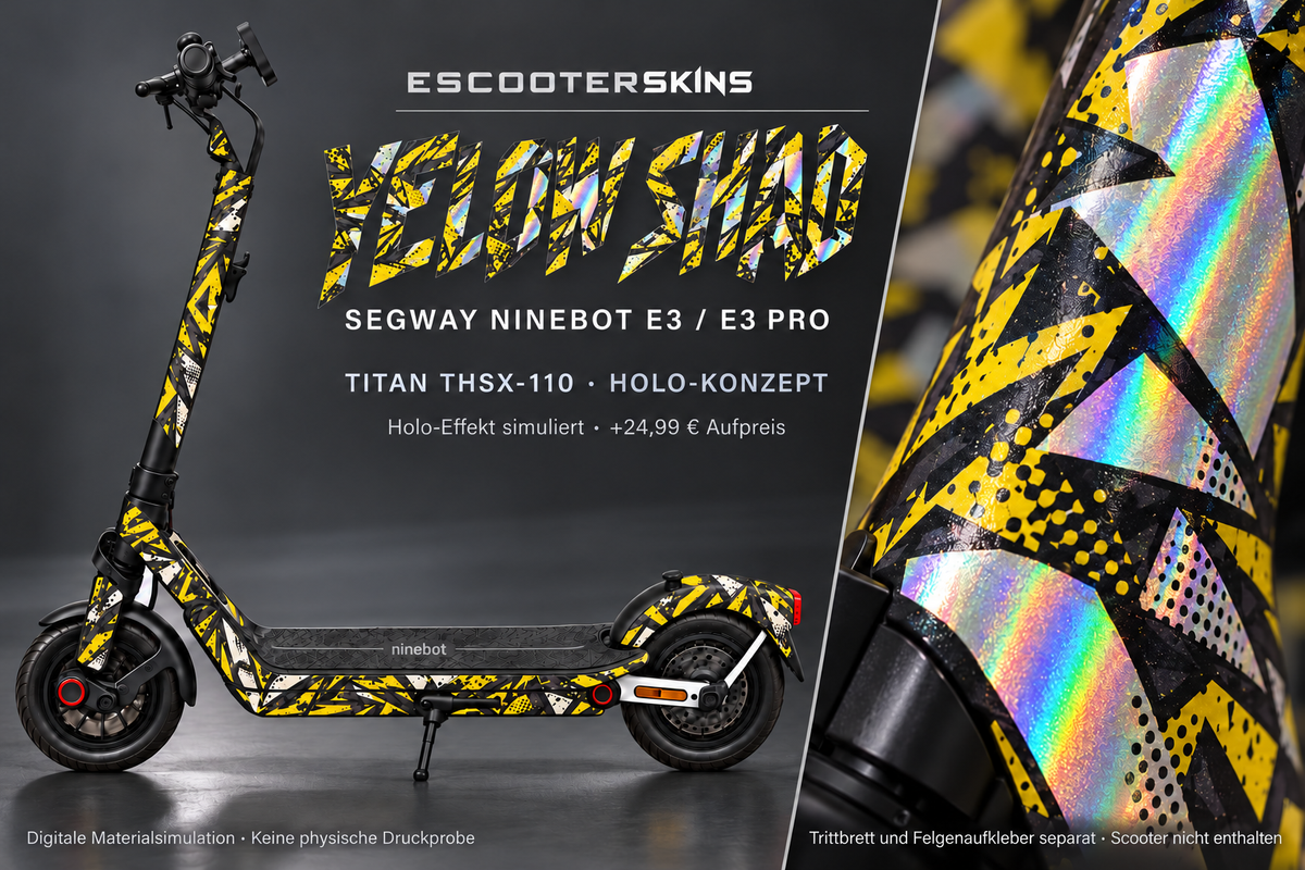 SEGWAY NINEBOT E3 / E3 PRO SKIN | YELLOW SHARD – Holo-Effekt simuliert; +24,99 EUR Aufpreis. Digitale Materialsimulation, keine physische Druckprobe. Nur Body-Skin; Trittbrett und Felgenaufkleber separat; Scooter nicht enthalten.