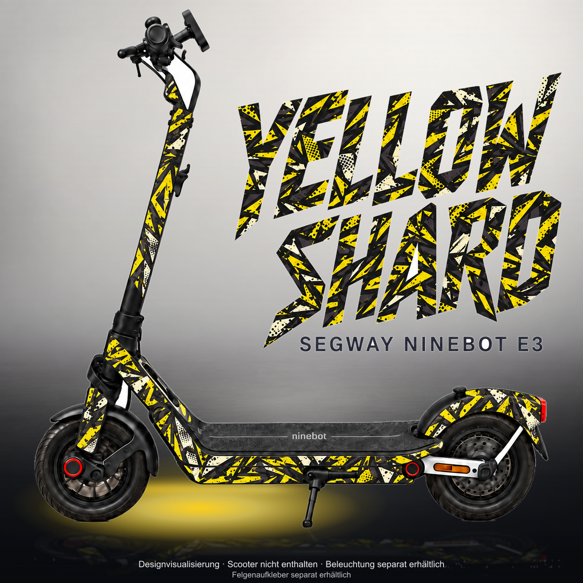 SEGWAY NINEBOT E3 / E3 PRO SKIN | YELLOW SHARD – Studiofoto mit Licht in der Skinfarbe; Scooter und Beleuchtung separat erhältlich