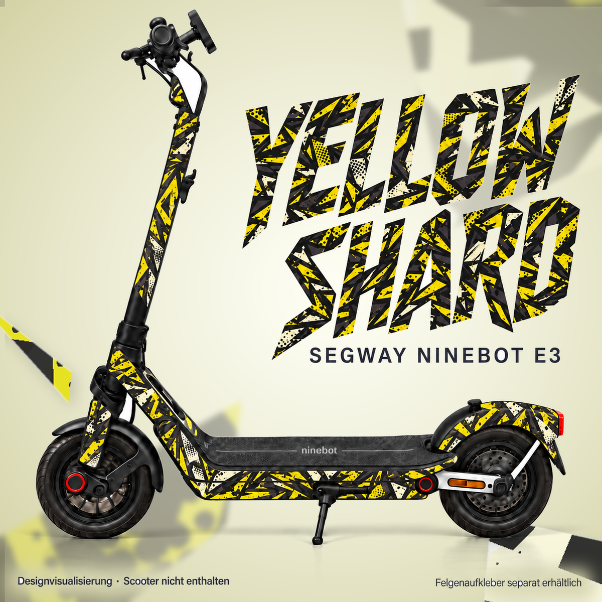 YELLOW SHARD Skin für Segway Ninebot E3. Felgenaufkleber separat erhältlich.