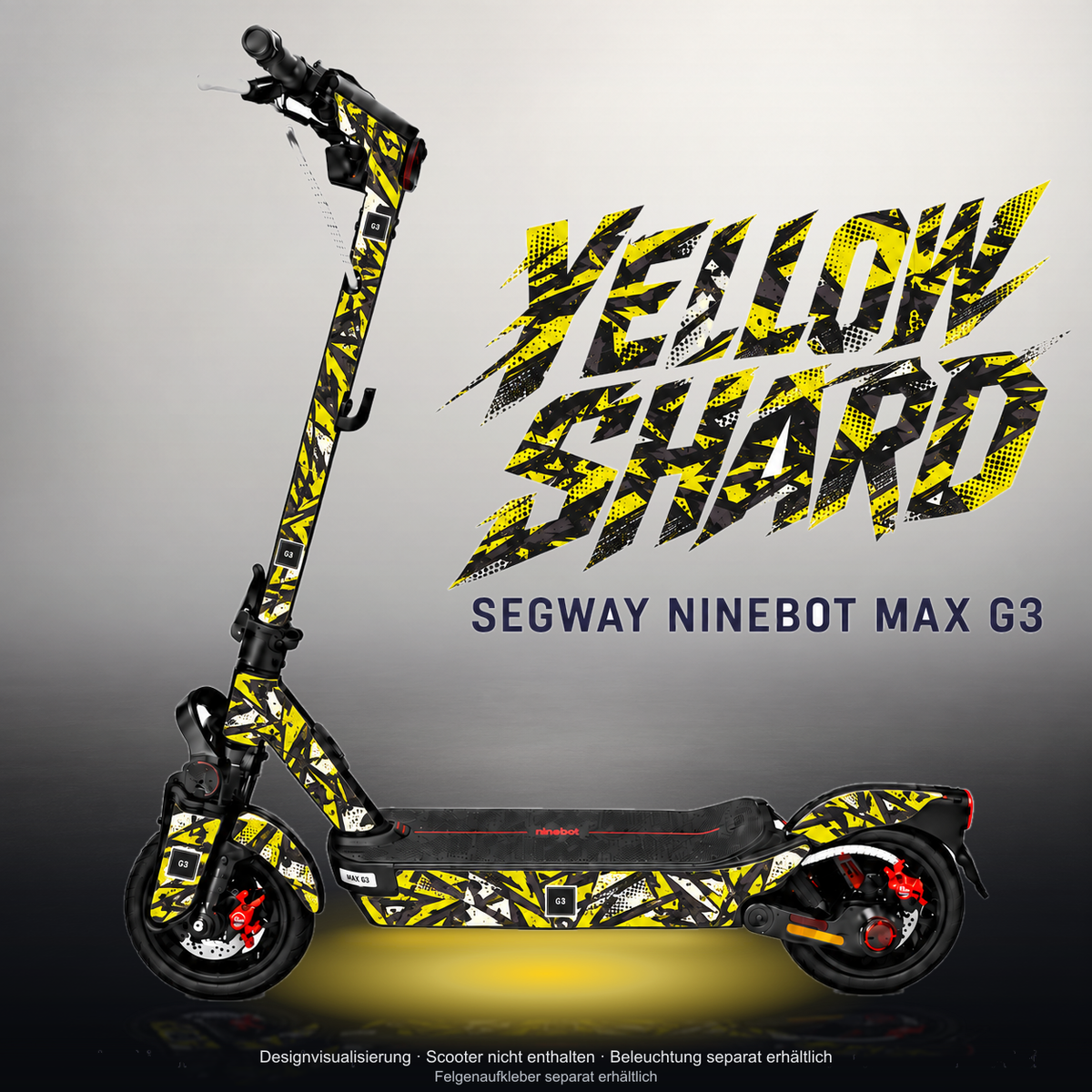 SEGWAY NINEBOT G3 / G3 D / G3 E SKIN | YELLOW SHARD – Studiofoto mit Licht in der Skinfarbe; Scooter und Beleuchtung separat erhältlich