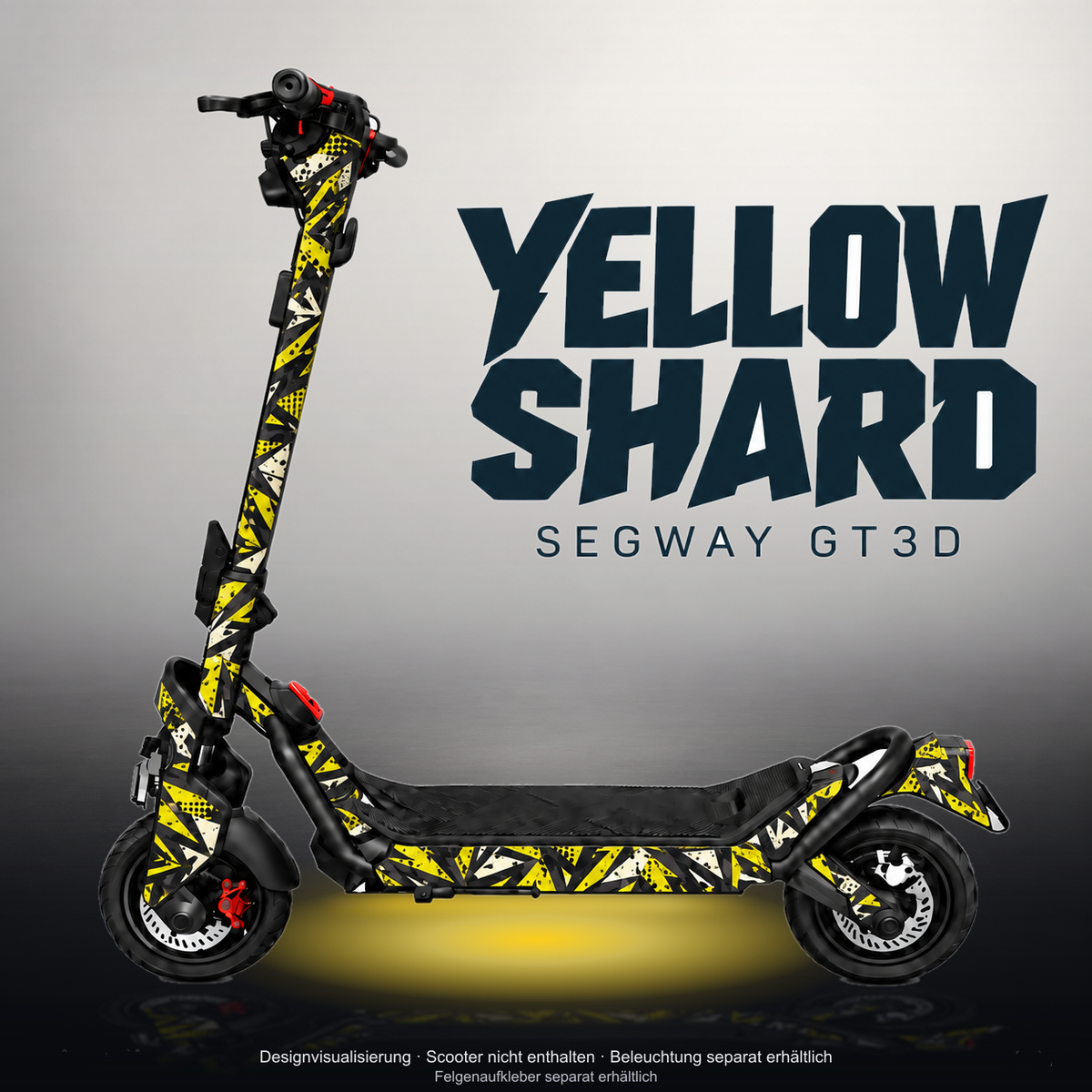SEGWAY NINEBOT GT3 SKIN | YELLOW SHARD – Studiofoto mit Licht in der Skinfarbe; Scooter und Beleuchtung separat erhältlich