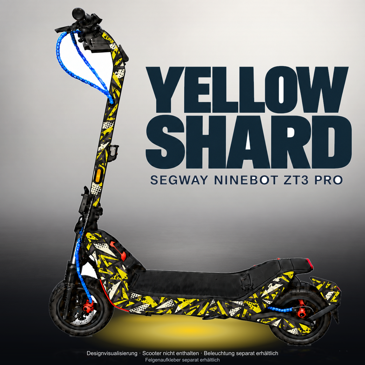 SEGWAY NINEBOT ZT3 PRO / ZT3 PRO D SKIN | YELLOW SHARD – Studiofoto mit Licht in der Skinfarbe; Scooter und Beleuchtung separat erhältlich