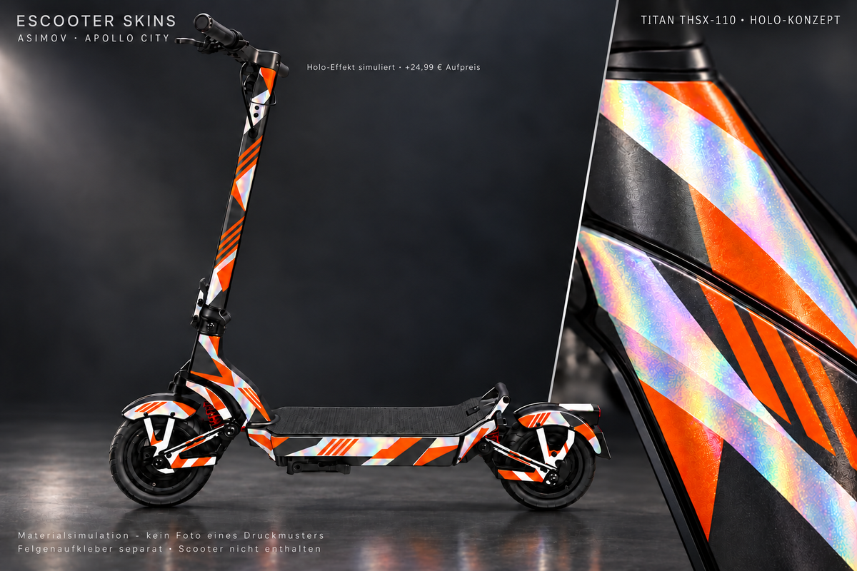 APOLLO CITY / CITY PRO (2022–2024) SKIN | ASIMOV – Holo-Effekt simuliert; +24,99 EUR Aufpreis. Digitale Materialsimulation, keine physische Druckprobe. Nur Body-Skin; Scooter und Felgenaufkleber nicht enthalten.