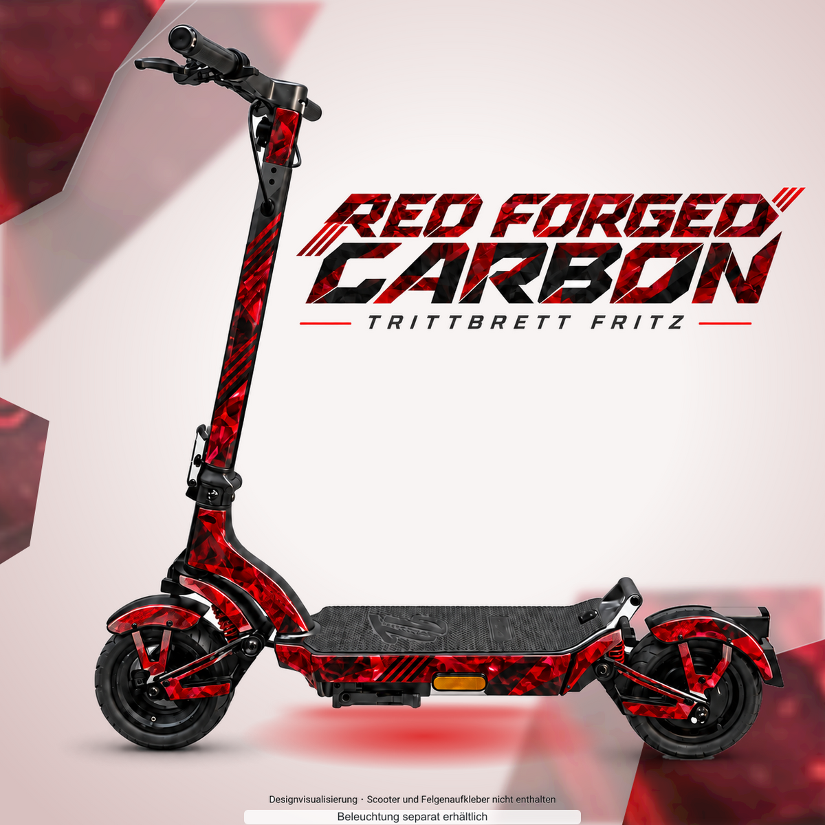 TRITTBRETT FRITZ SKIN | RED FORGED CARBON – Designvisualisierung mit Lichtschein in Skin-Farben. Scooter nicht enthalten; Beleuchtung separat erhältlich.