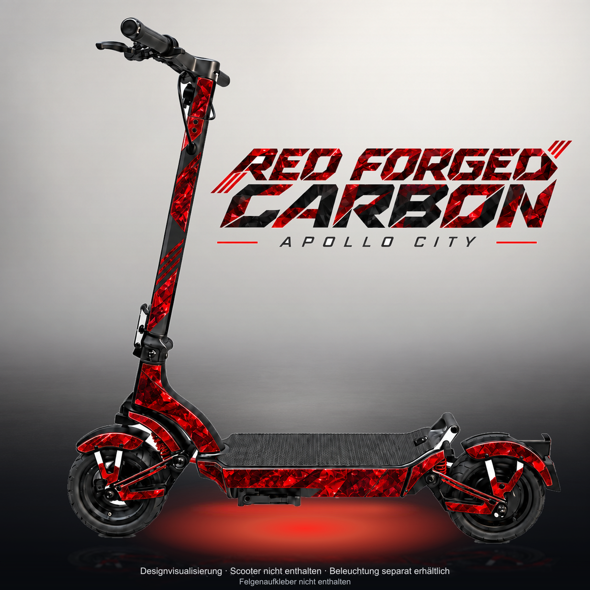 APOLLO CITY / CITY PRO (2022–2024) SKIN | RED FORGED CARBON – Studiofoto mit Licht in der Skinfarbe; Scooter und Beleuchtung separat erhältlich