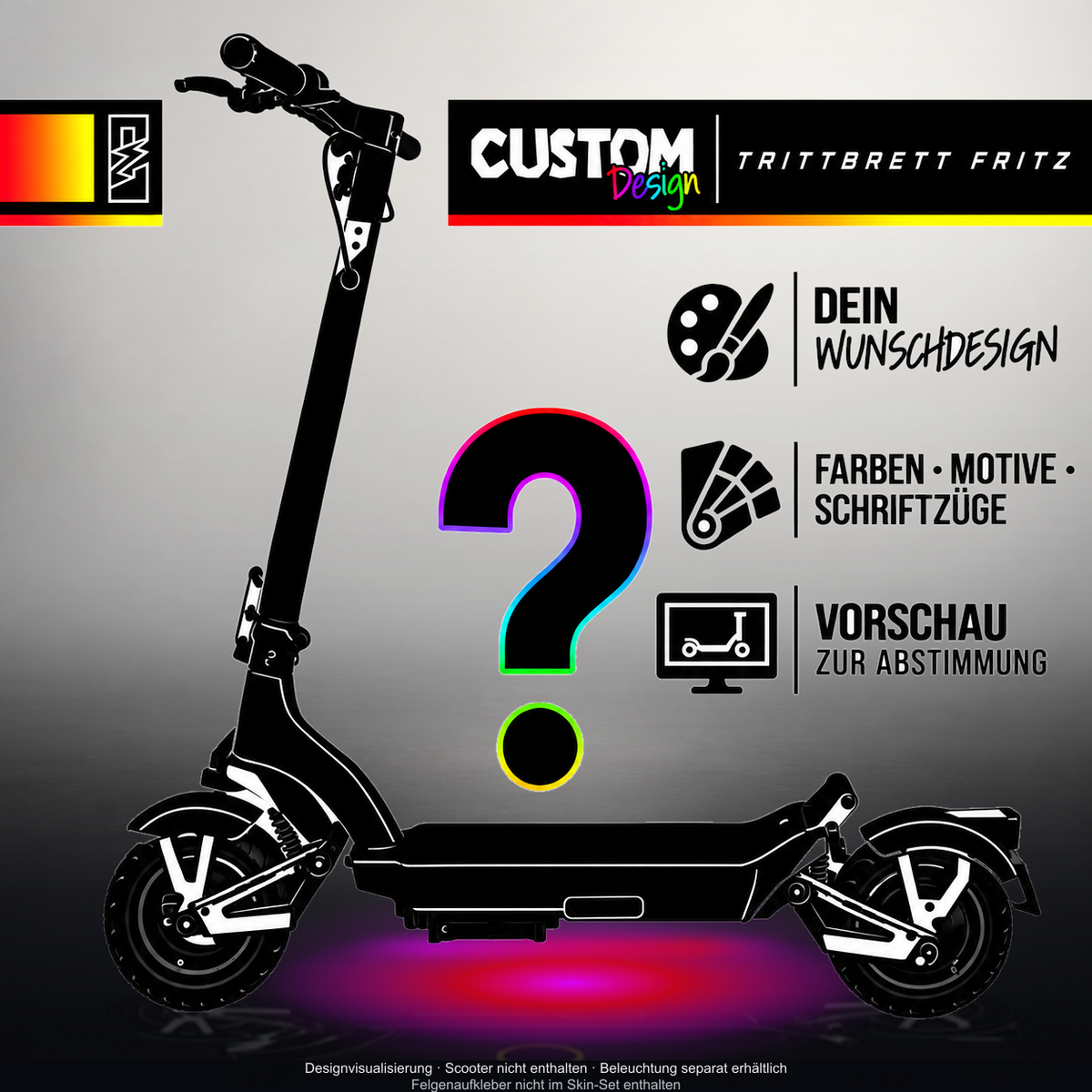 TRITTBRETT FRITZ SKIN | CUSTOM – Designvisualisierung mit Licht in der Skinfarbe; Scooter nicht enthalten, Beleuchtung separat erhältlich