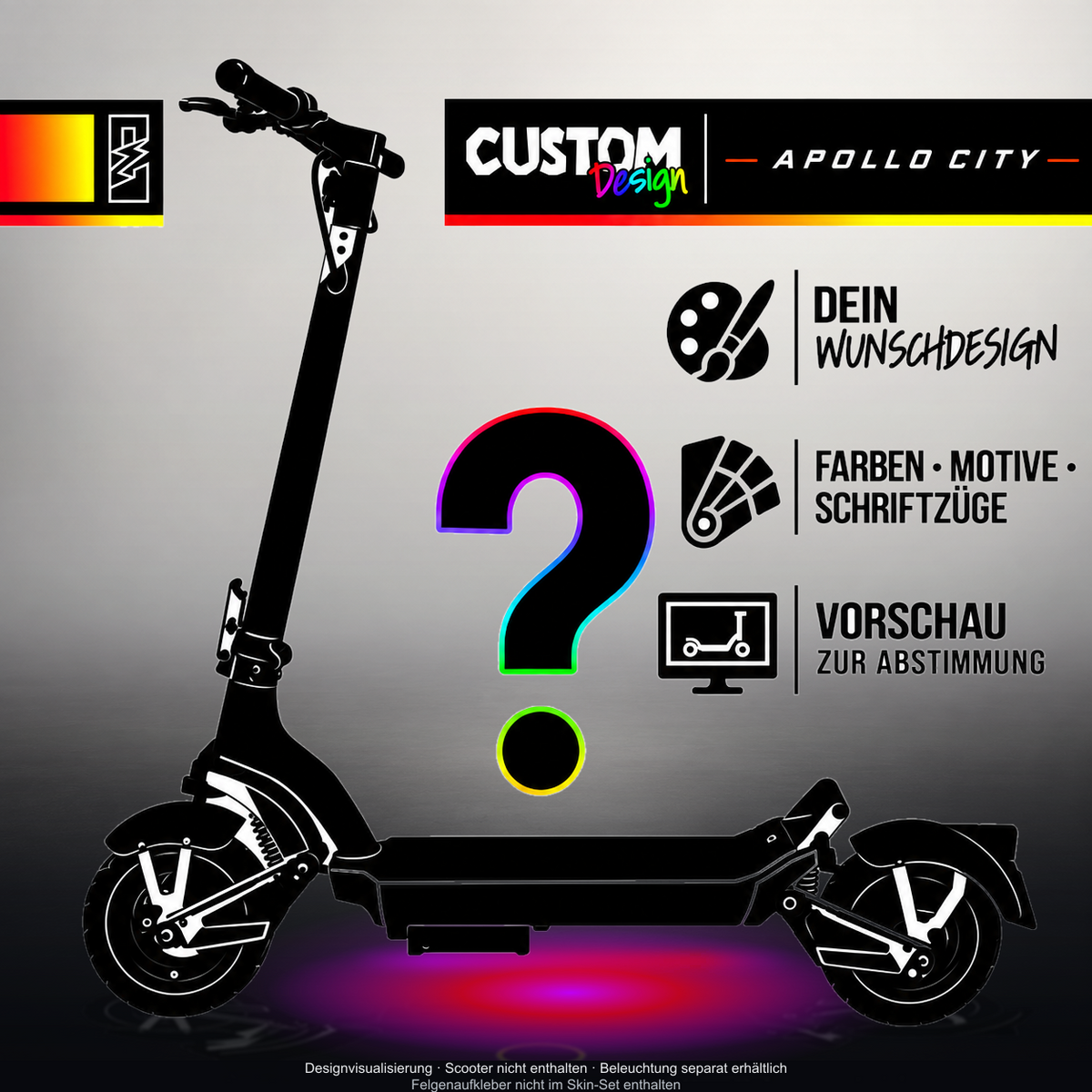APOLLO CITY / CITY PRO (2022–2024) SKIN | CUSTOM – Designvisualisierung mit Licht in der Skinfarbe; Scooter nicht enthalten, Beleuchtung separat erhältlich