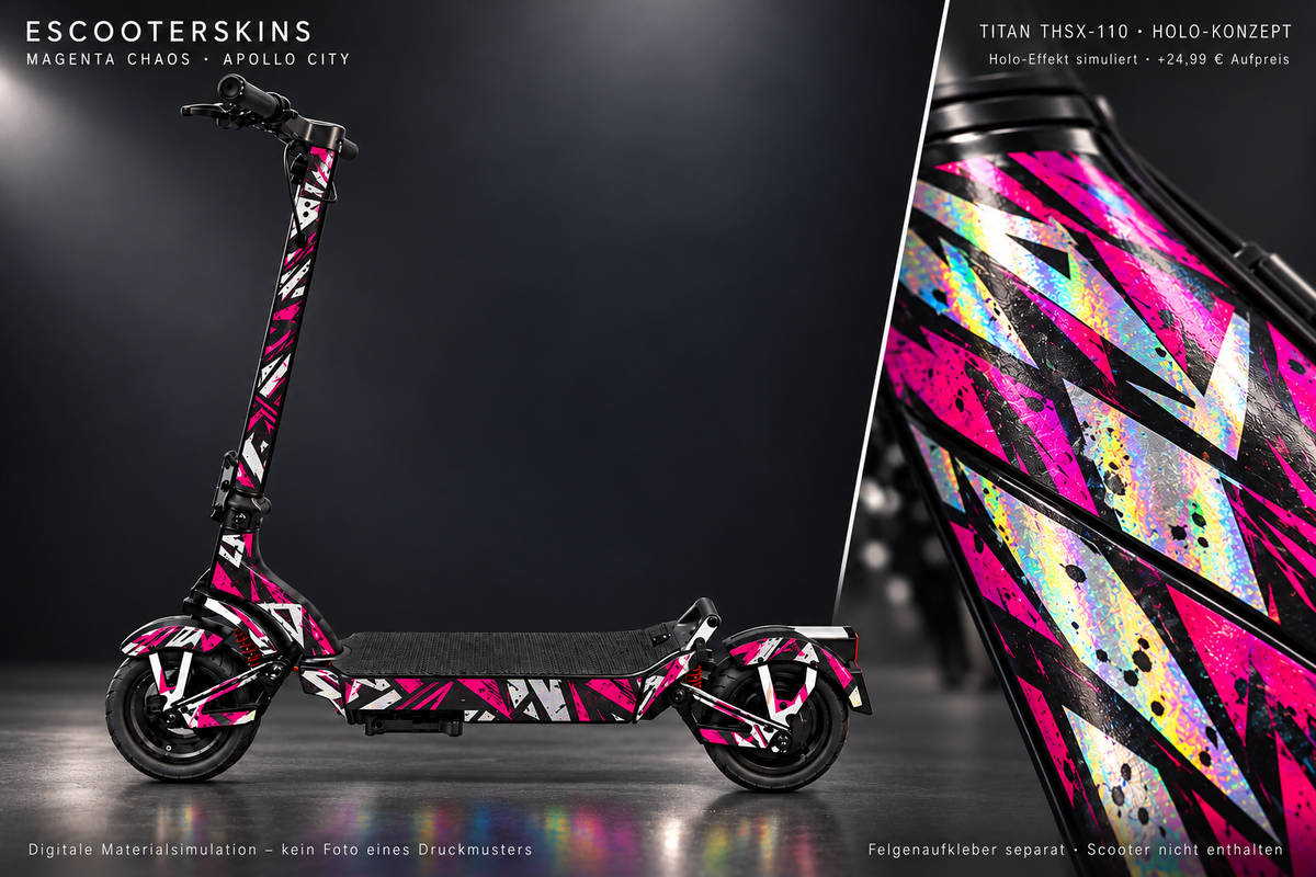 APOLLO CITY / CITY PRO (2022–2024) SKIN | MAGENTA CHAOS – Holo-Effekt simuliert; +24,99 EUR Aufpreis. Digitale Materialsimulation, keine physische Druckprobe. Nur Body-Skin; Scooter und Felgenaufkleber nicht enthalten.