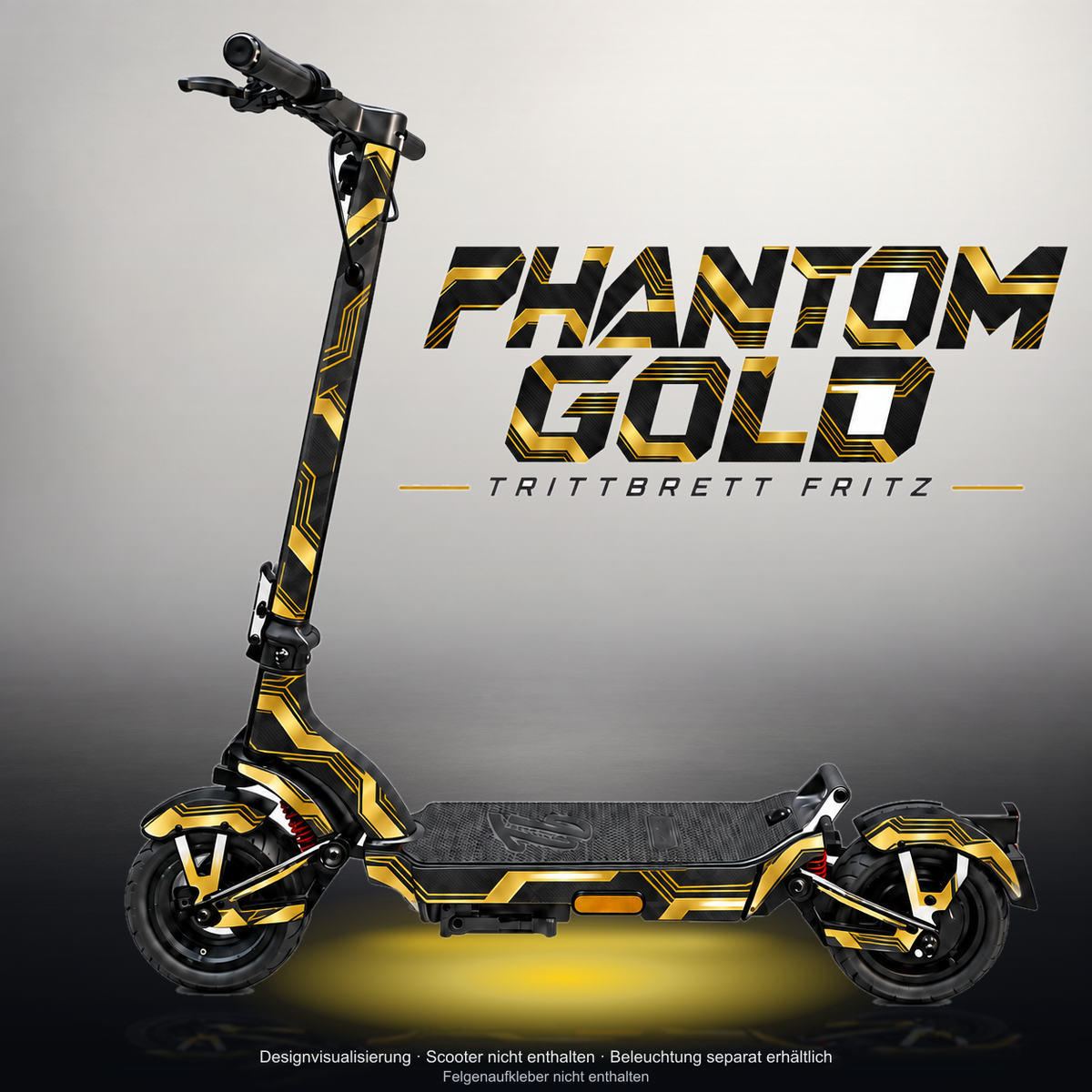TRITTBRETT FRITZ SKIN | PHANTOM GOLD – Studiofoto mit Licht in der Skinfarbe; Scooter und Beleuchtung separat erhältlich
