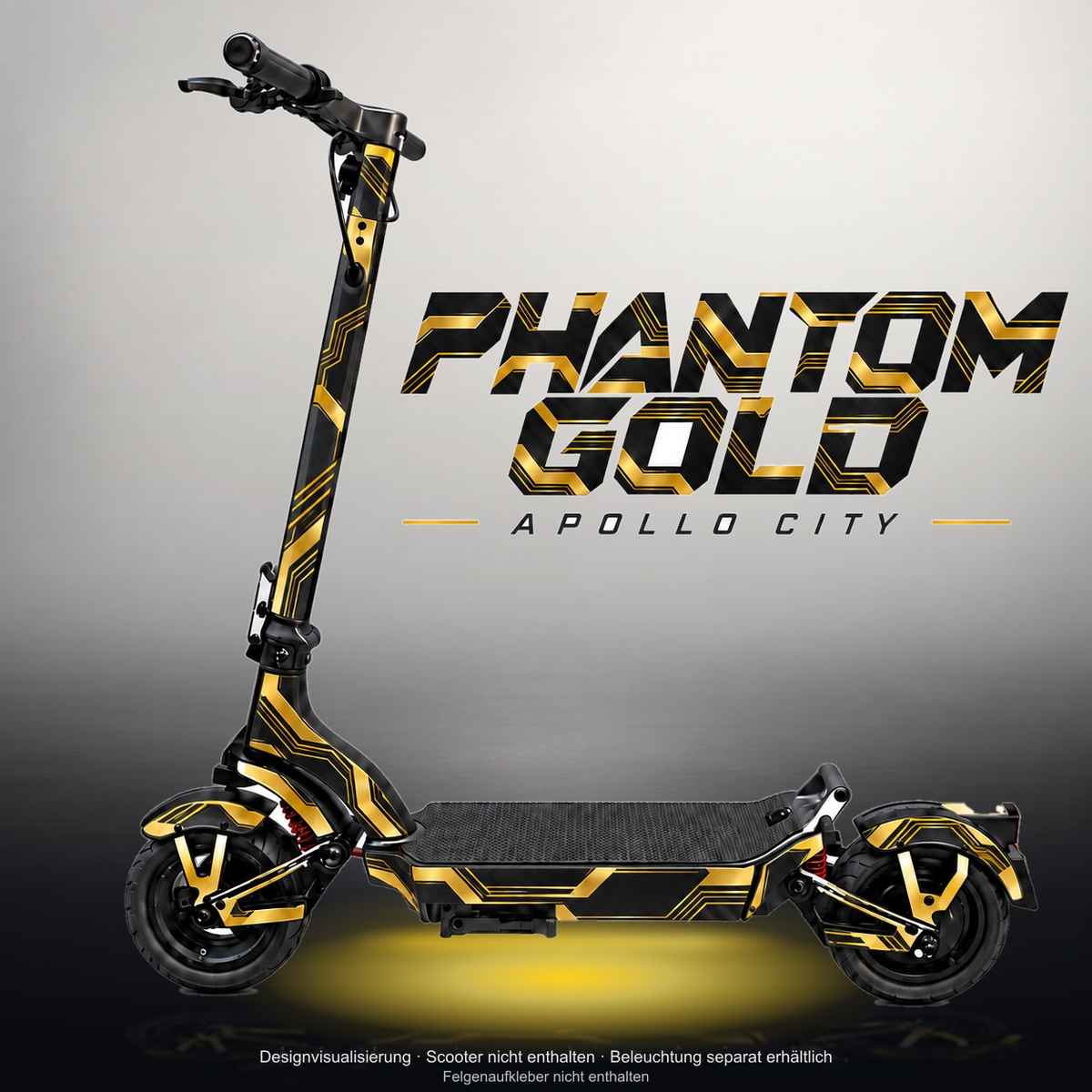 APOLLO CITY / CITY PRO (2022–2024) SKIN | PHANTOM GOLD – Studiofoto mit Licht in der Skinfarbe; Scooter und Beleuchtung separat erhältlich