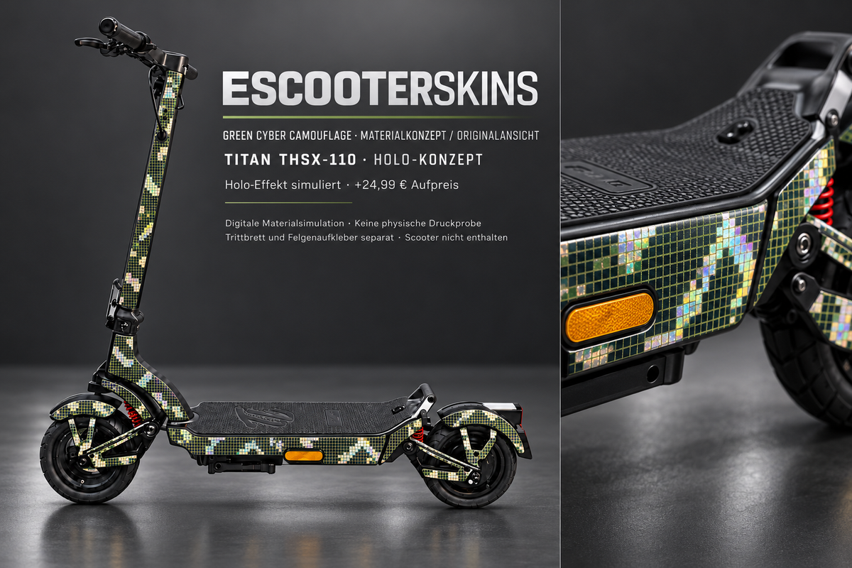 GREEN CYBER CAMOUFLAGE · Holo-Effekt simuliert · +24,99 € Aufpreis · digitale Materialsimulation, keine physische Druckprobe; Trittbrett und Felgenaufkleber separat; Scooter nicht enthalten.