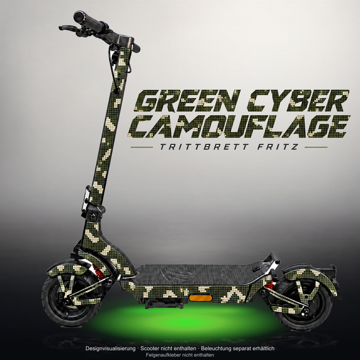 TRITTBRETT FRITZ SKIN | GREEN CYBER CAMOUFLAGE – Studiofoto mit Licht in der Skinfarbe; Scooter und Beleuchtung separat erhältlich