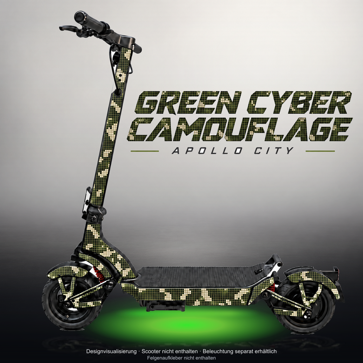 APOLLO CITY / CITY PRO (2022–2024) SKIN | GREEN CYBER CAMOUFLAGE – Studiofoto mit Licht in der Skinfarbe; Scooter und Beleuchtung separat erhältlich