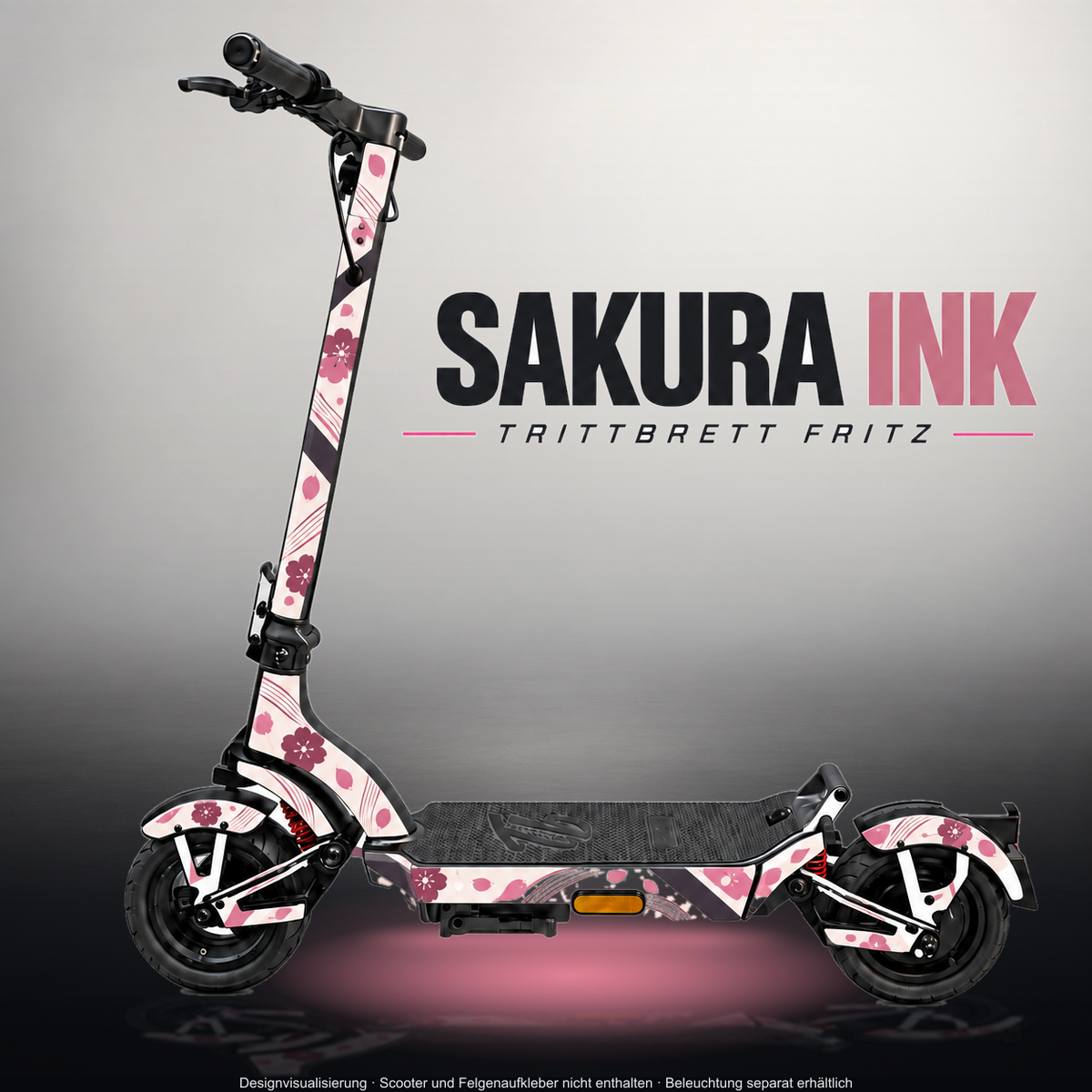 TRITTBRETT FRITZ SKIN | SAKURA INK – Designvisualisierung im Studio-Look mit Licht in der Skinfarbe; Scooter nicht enthalten, Beleuchtung separat erhältlich