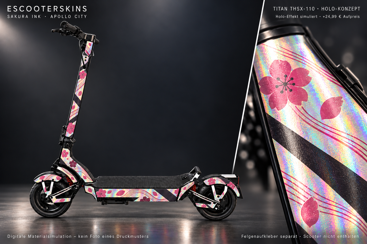 APOLLO CITY / CITY PRO (2022–2024) SKIN | SAKURA INK – Holo-Effekt simuliert; +24,99 EUR Aufpreis. Digitale Materialsimulation, keine physische Druckprobe. Nur Body-Skin; Scooter und Felgenaufkleber nicht enthalten.
