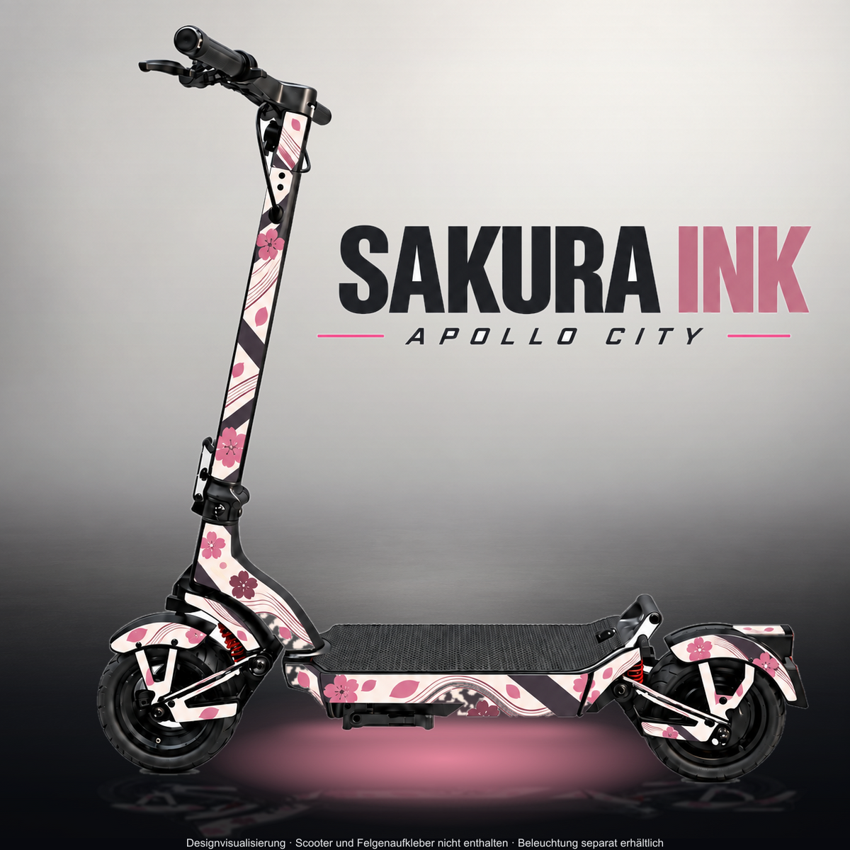 APOLLO CITY / CITY PRO (2022–2024) SKIN | SAKURA INK – Designvisualisierung im Studio-Look mit Licht in der Skinfarbe; Scooter nicht enthalten, Beleuchtung separat erhältlich