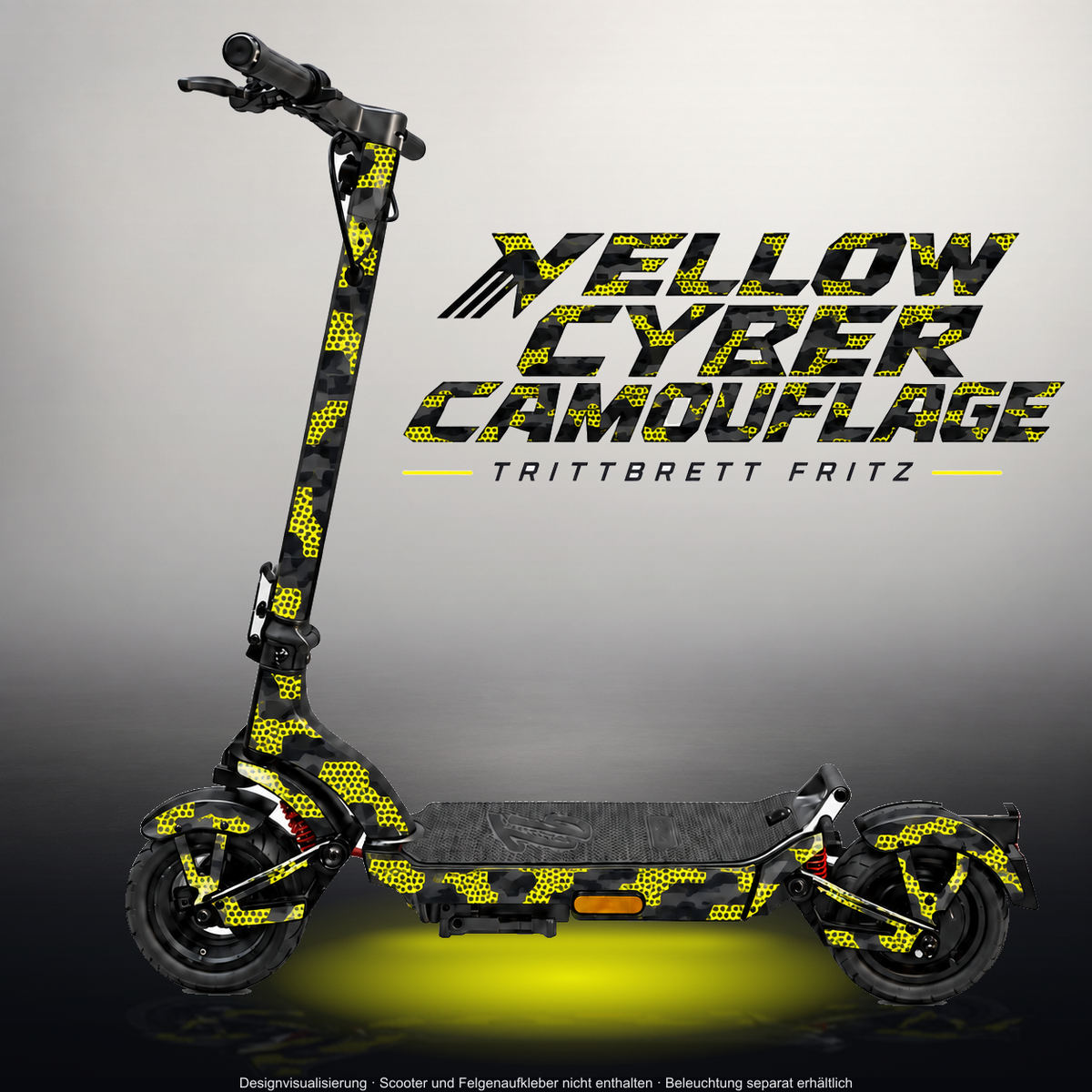 TRITTBRETT FRITZ SKIN | YELLOW CYBER CAMOUFLAGE – Designvisualisierung im Studio-Look mit Licht in der Skinfarbe; Scooter nicht enthalten, Beleuchtung separat erhältlich