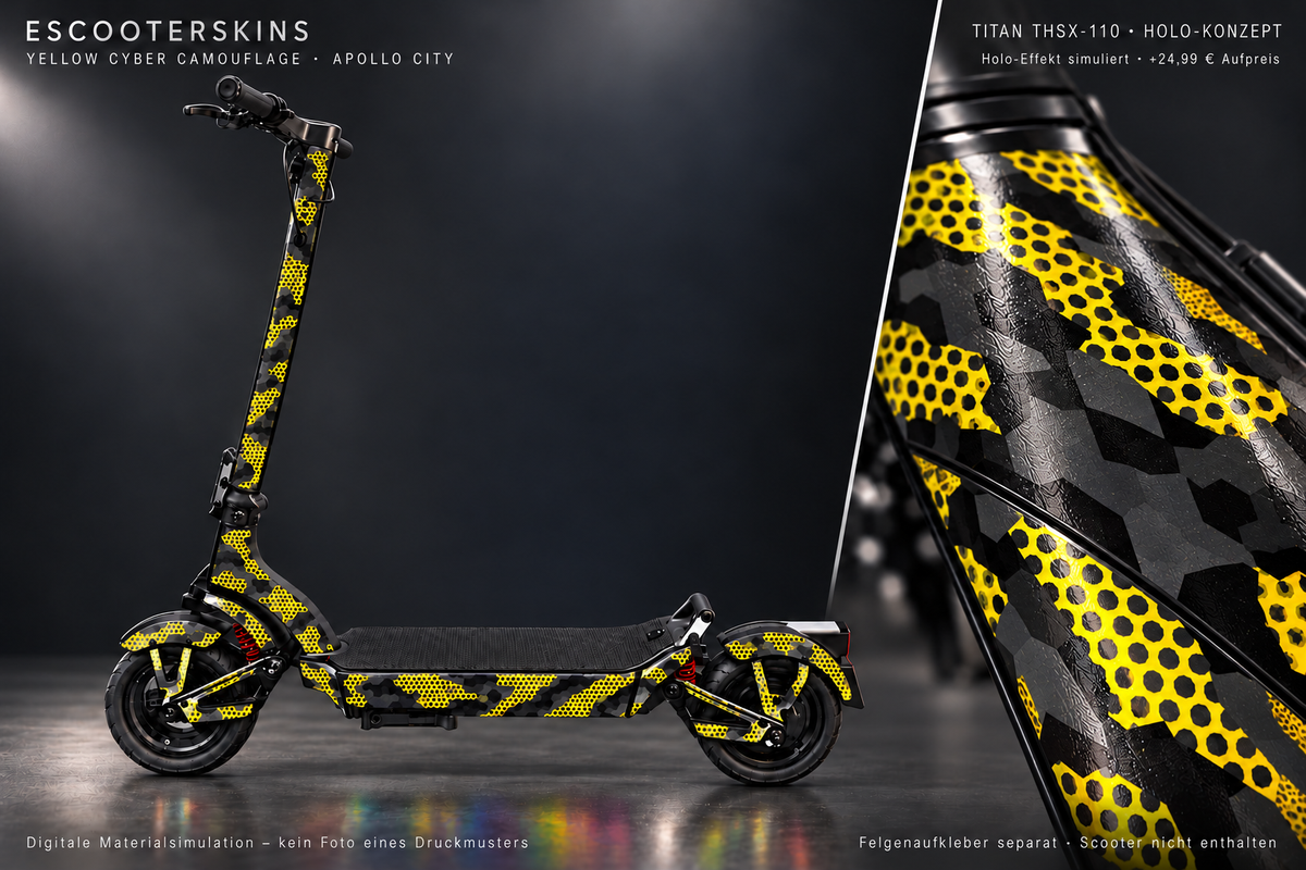 APOLLO CITY / CITY PRO (2022–2024) SKIN | YELLOW CYBER CAMOUFLAGE – Holo-Effekt simuliert; +24,99 EUR Aufpreis. Digitale Materialsimulation, keine physische Druckprobe. Nur Body-Skin; Scooter und Felgenaufkleber nicht enthalten.