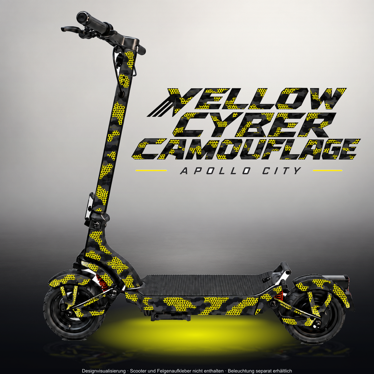 APOLLO CITY / CITY PRO (2022–2024) SKIN | YELLOW CYBER CAMOUFLAGE – Designvisualisierung im Studio-Look mit Licht in der Skinfarbe; Scooter nicht enthalten, Beleuchtung separat erhältlich